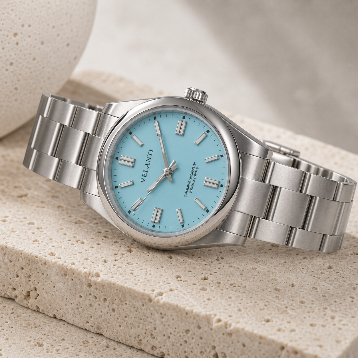 Explorer-style automatic watch, Velanti Milano Oystvel Tiffany Blue, angled product photo