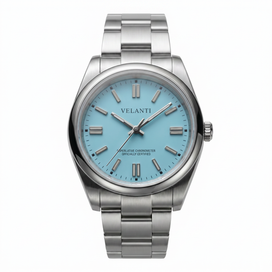 Explorer-style custom mod watch, Velanti Milano Oystvel Tiffany Blue, main product photo