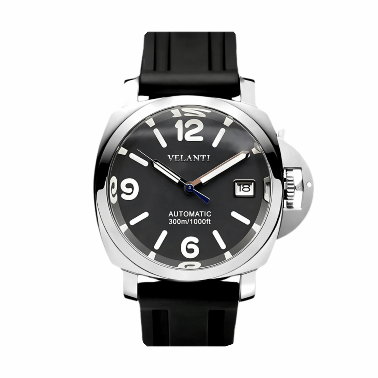 Panerai-style automatic watch, Velanti Milano Panvel Black Rubber, main product photo