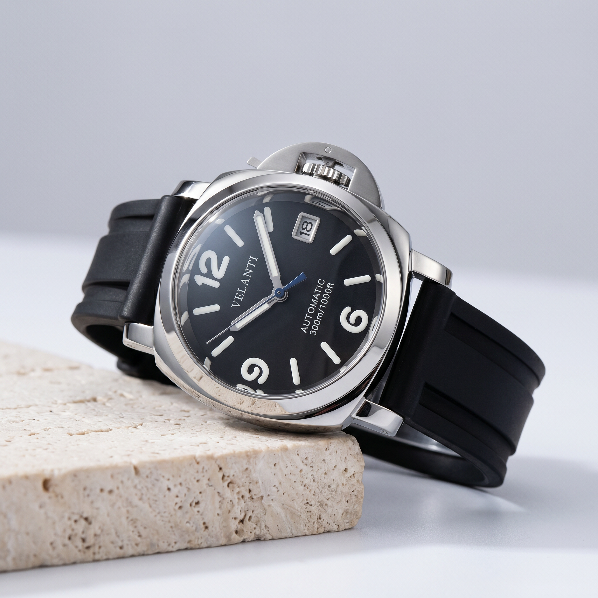 Panerai-style automatic watch, Velanti Milano Panvel Black Rubber, product photo 2