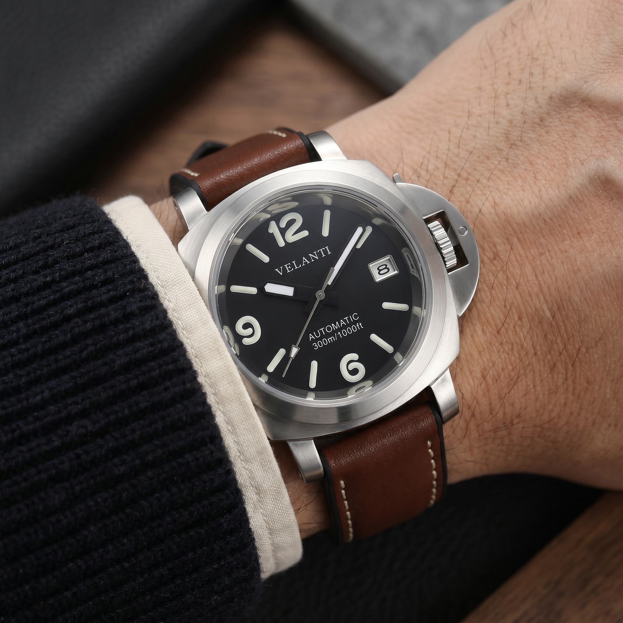 Panerai-style automatic watch, Velanti Milano Panvel Brown Leather, product photo 8