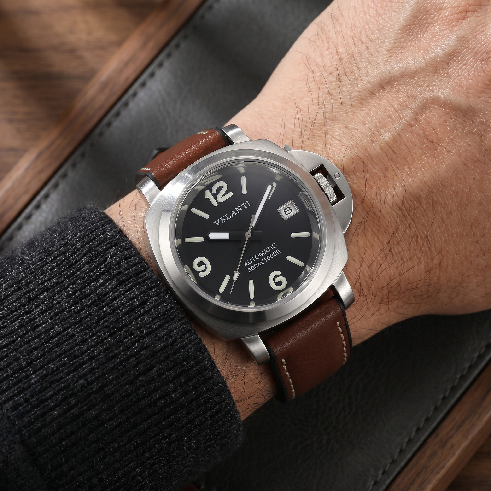 Panerai-style automatic watch, Velanti Milano Panvel Brown Leather worn on wrist photo 9