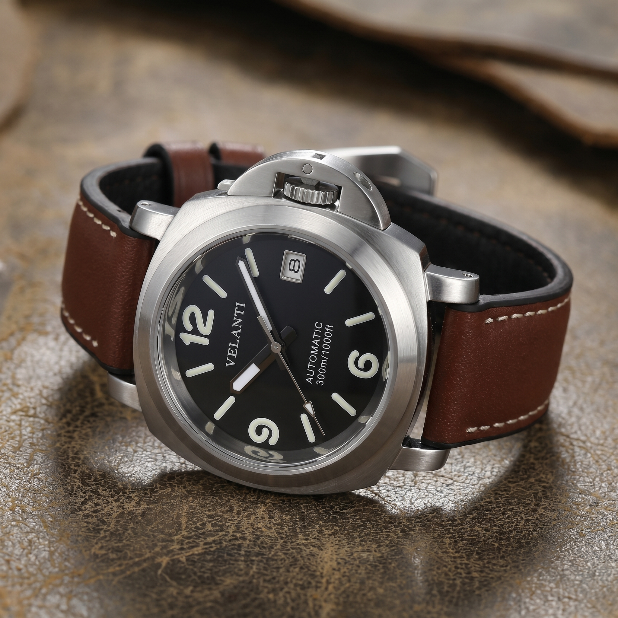 Panerai-style automatic watch, Velanti Milano Panvel Brown Leather, bracelet detail photo