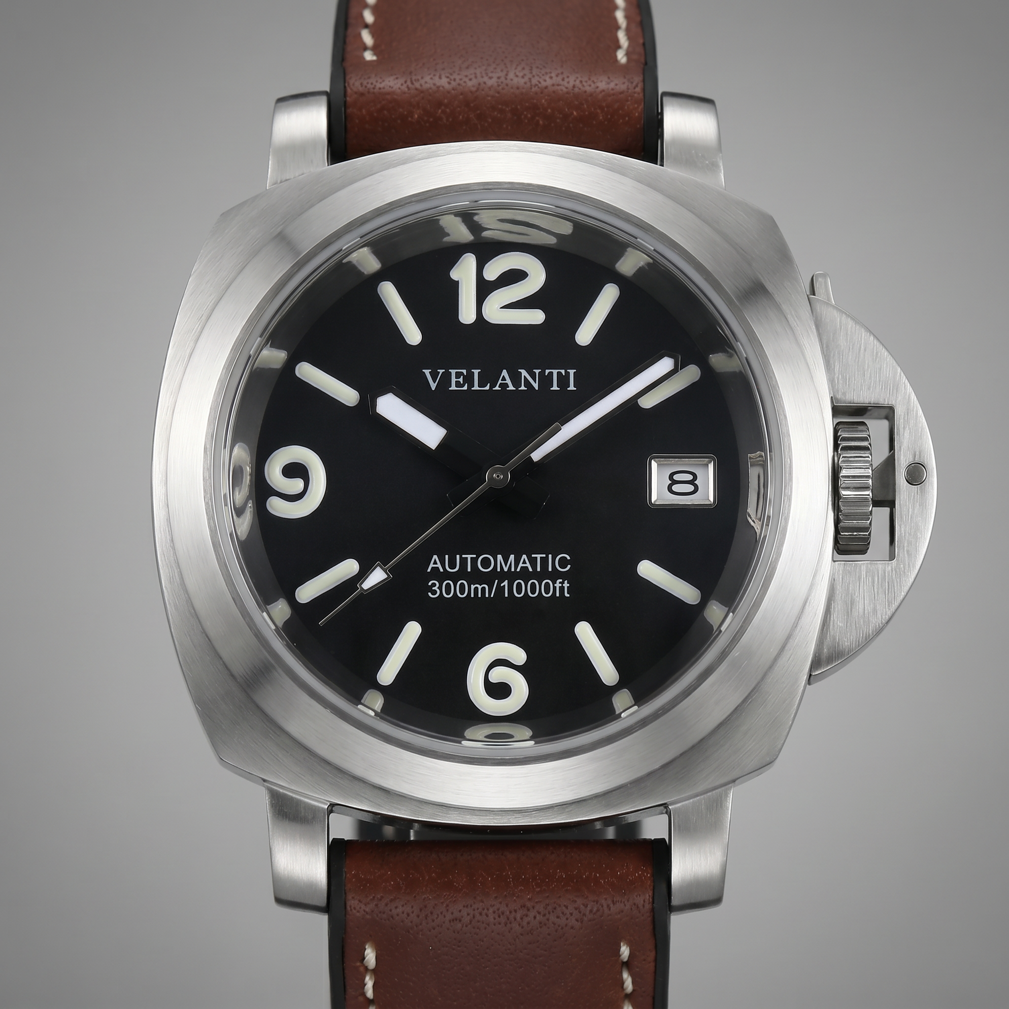 Panerai-style automatic watch, Velanti Milano Panvel Brown Leather, watch detail photo 11