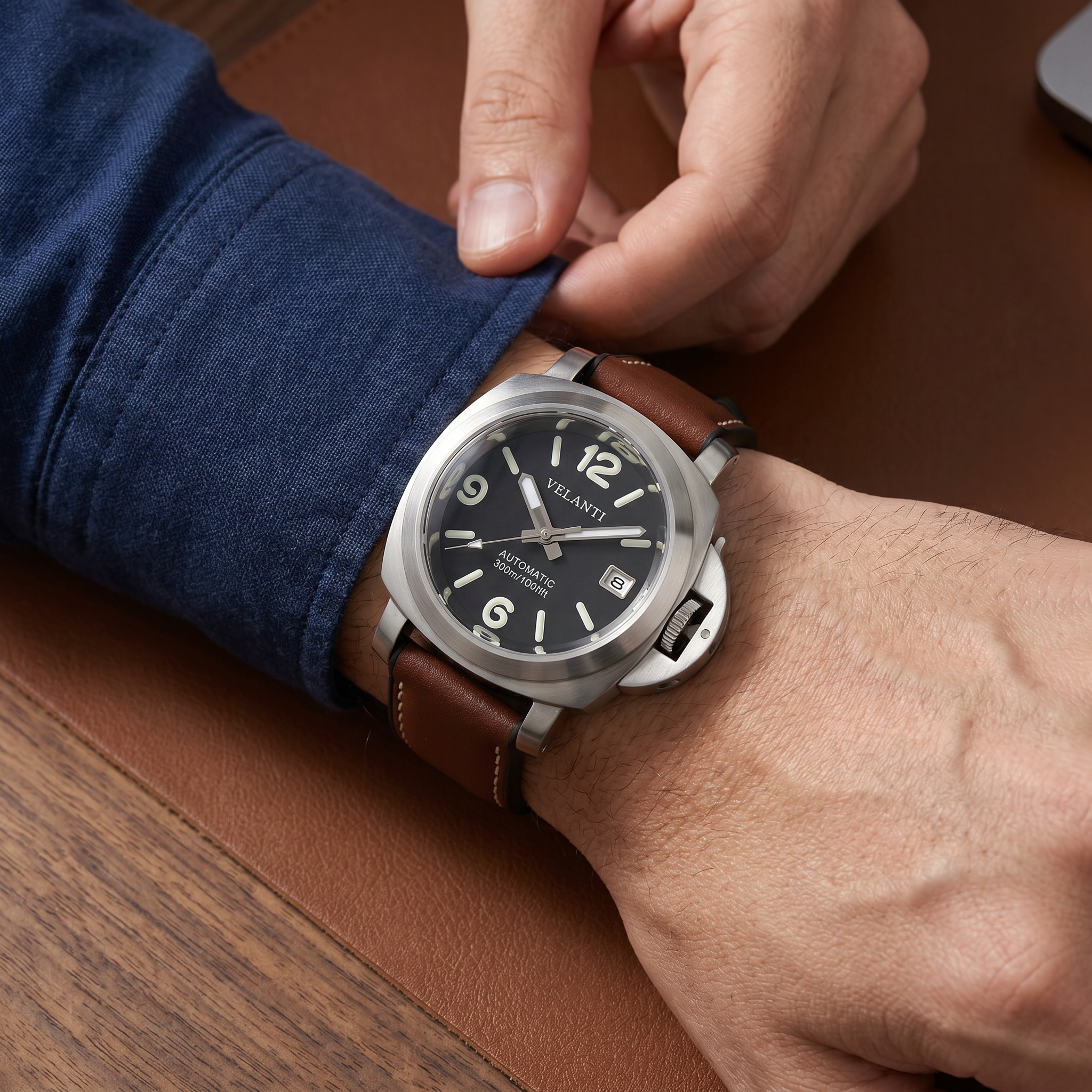 Panerai-style automatic watch, Velanti Milano Panvel Brown Leather worn on wrist photo 12