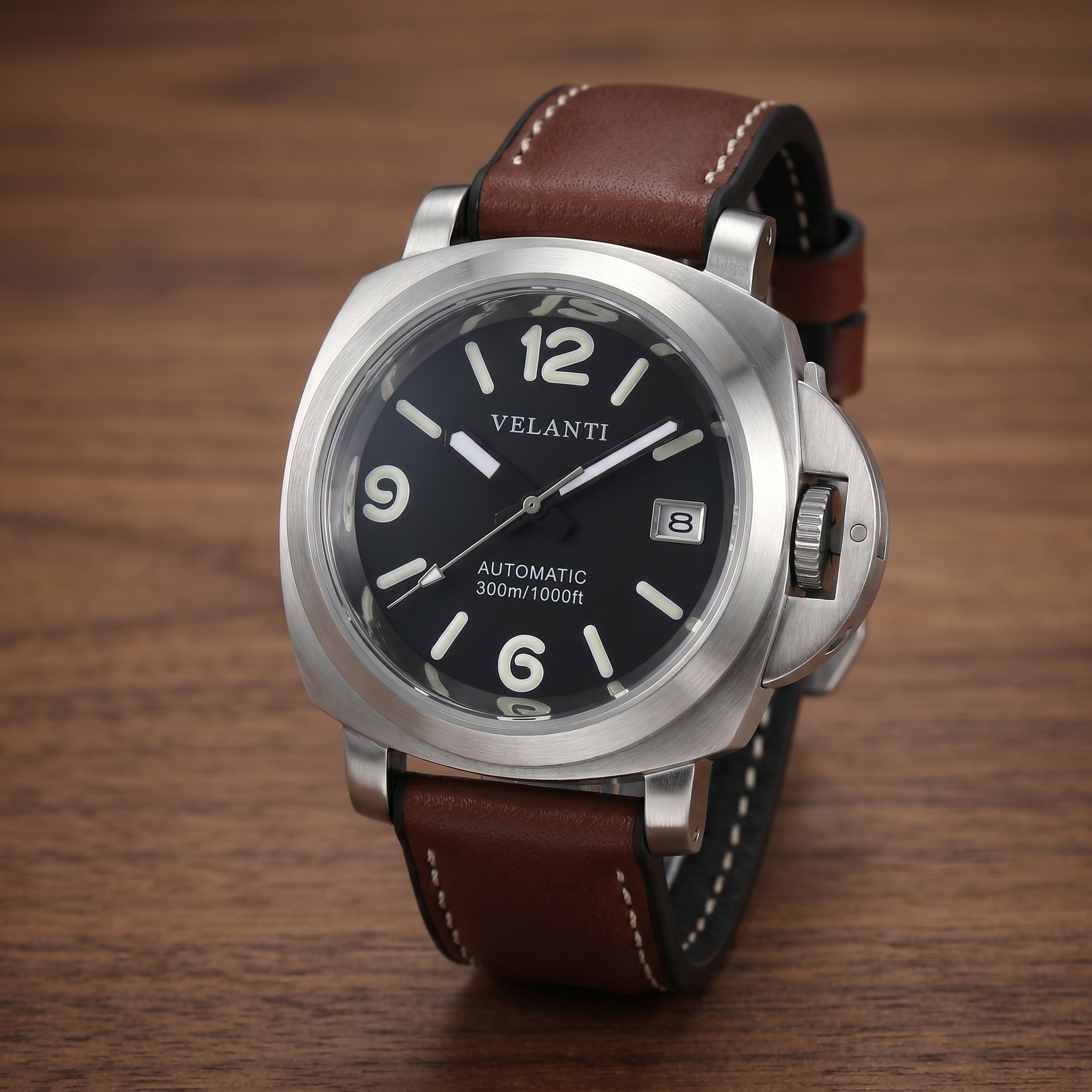 Panerai-style automatic watch, Velanti Milano Panvel Brown Leather, watch detail photo 13