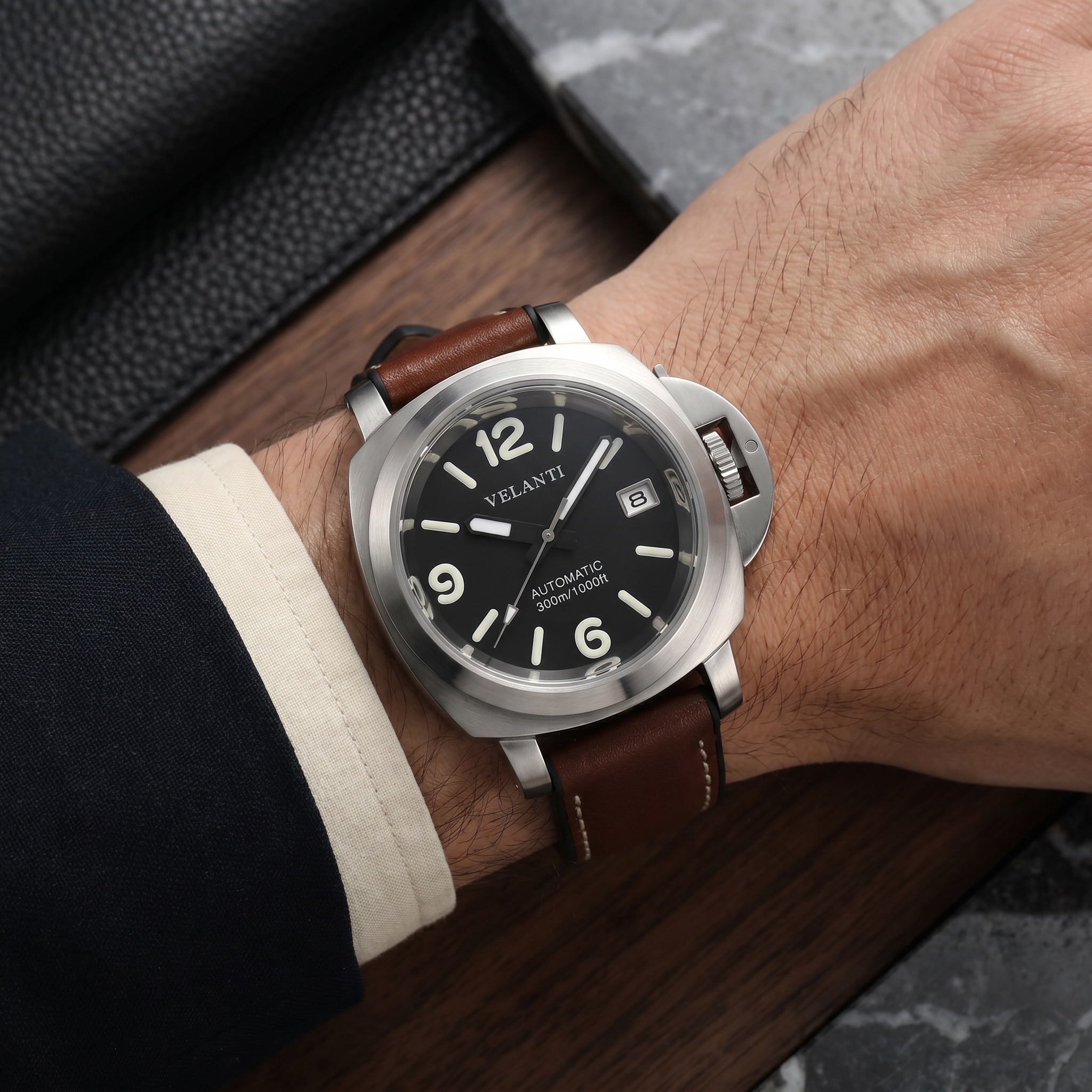 Panerai-style automatic watch, Velanti Milano Panvel Brown Leather worn on wrist photo 14