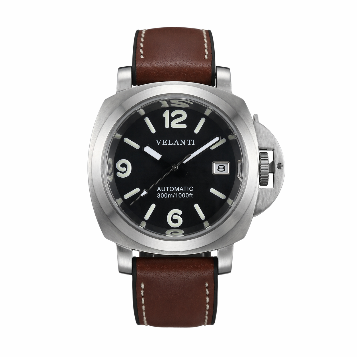 Panerai-style automatic watch, Velanti Milano Panvel Brown Leather, main product photo