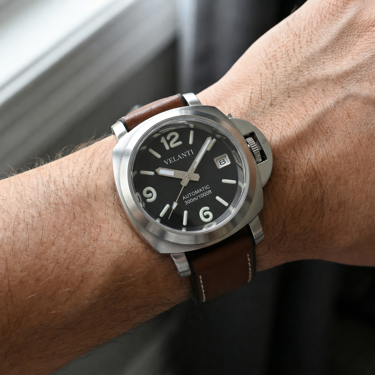 Panerai-style automatic watch, Velanti Milano Panvel Brown Leather, product photo 4