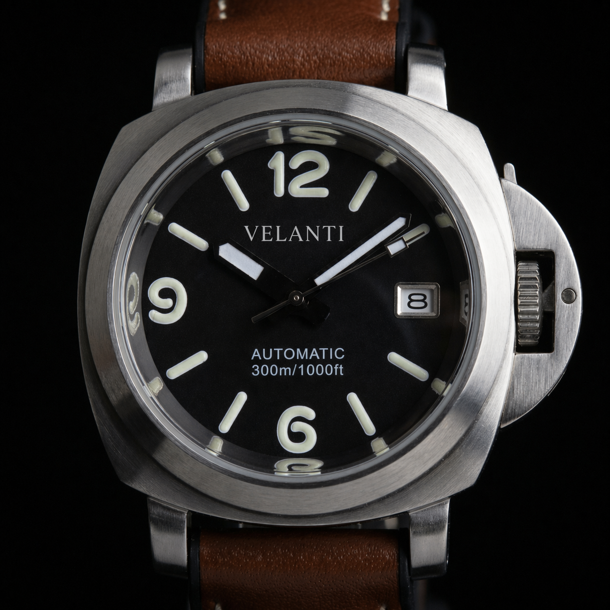 Panerai-style automatic watch, Velanti Milano Panvel Brown Leather, product photo 5