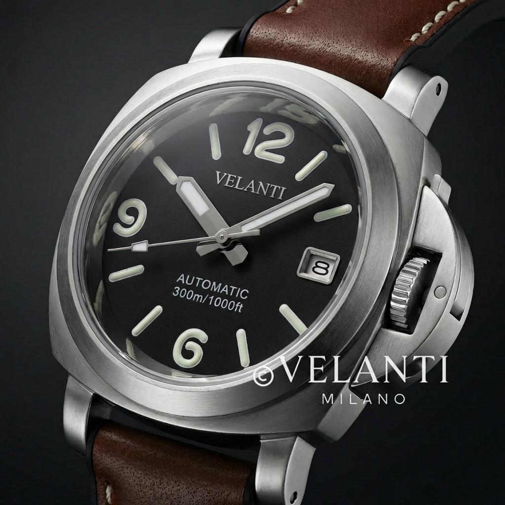 Panerai-style automatic watch, Velanti Milano Panvel Brown Leather, product photo 6