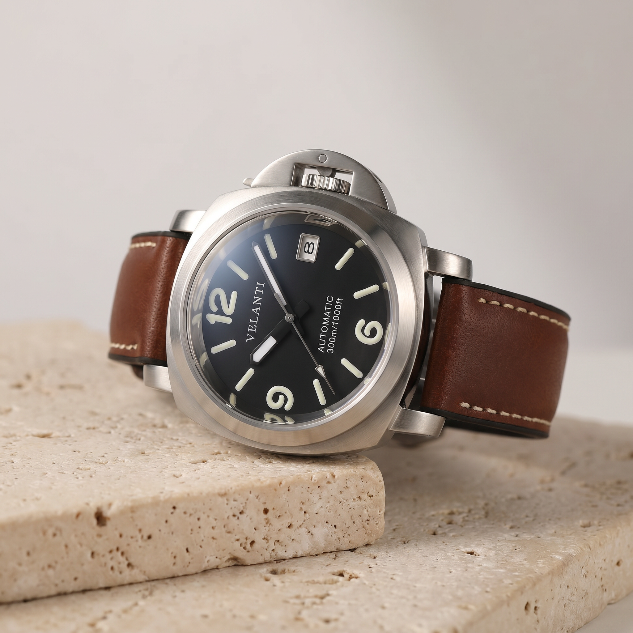 Panerai-style automatic watch, Velanti Milano Panvel Brown Leather, product photo 2