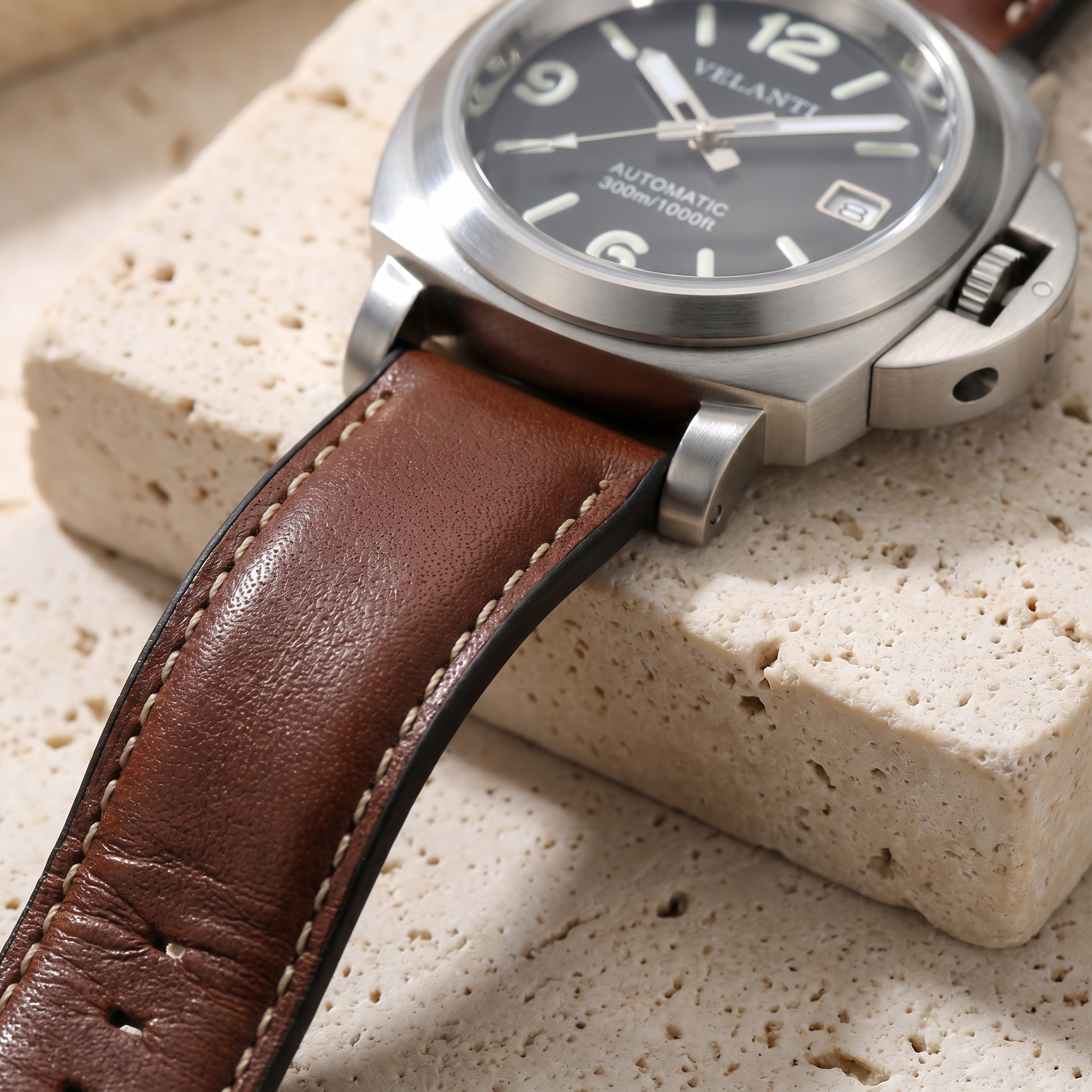 Panerai-style automatic watch, Velanti Milano Panvel Brown Leather, product photo 3