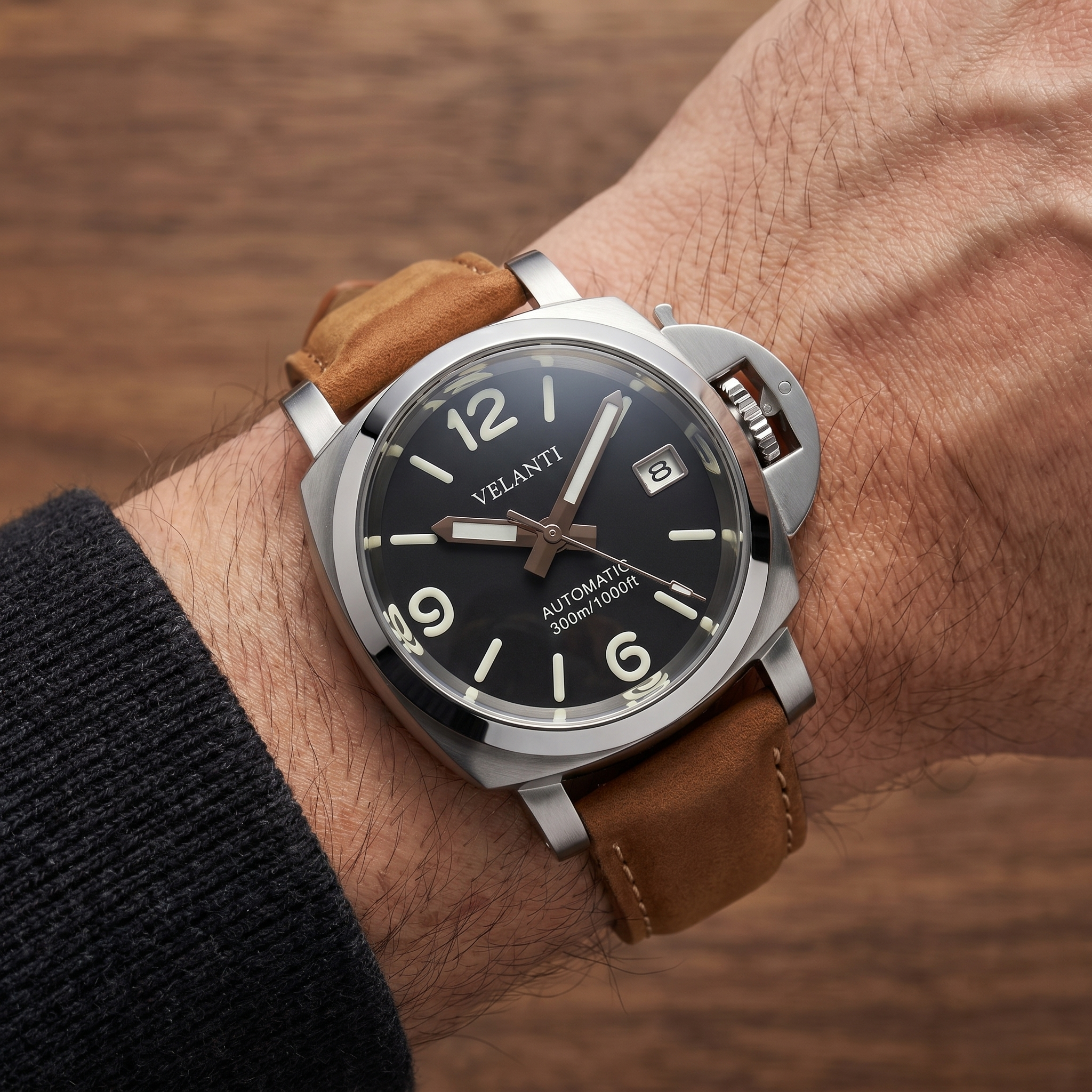 Panerai-style automatic watch, Velanti Milano Panvel Sand Leather worn on wrist photo 5
