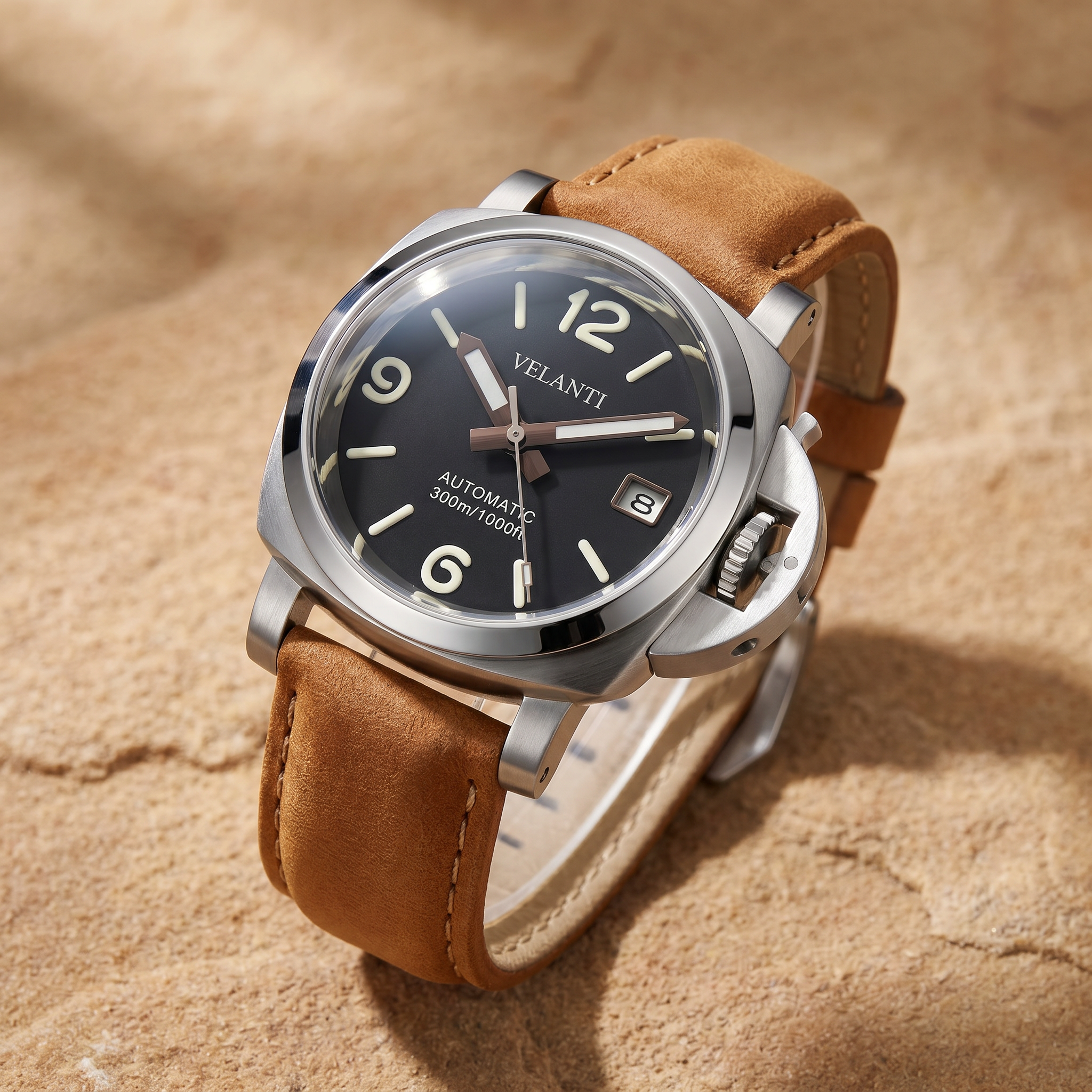 Panerai-style automatic watch, Velanti Milano Panvel Sand Leather, bracelet detail photo