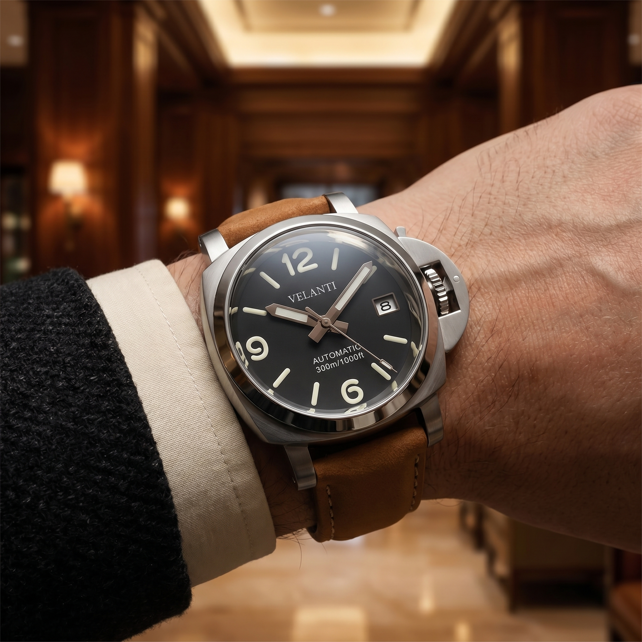 Panerai-style automatic watch, Velanti Milano Panvel Sand Leather, product photo 7