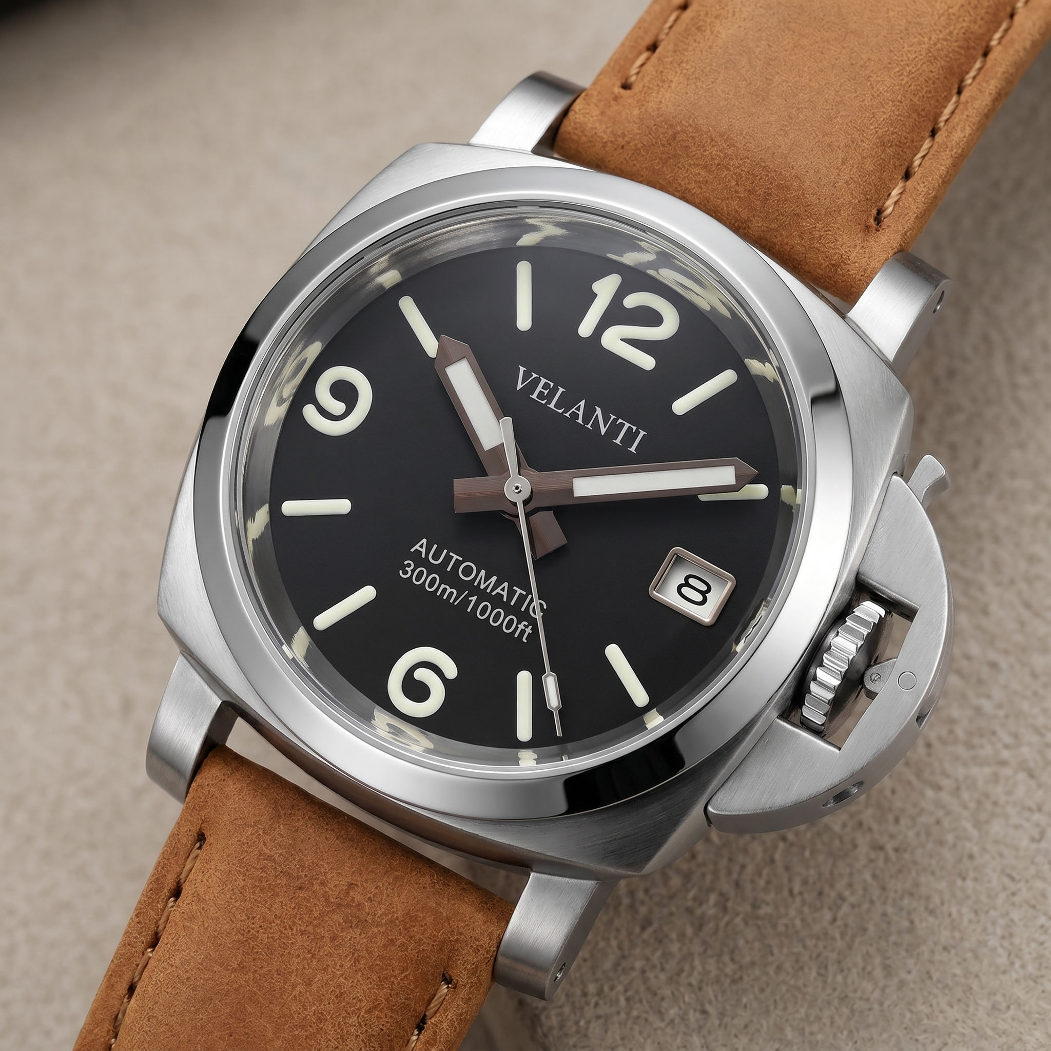 Panerai-style automatic watch, Velanti Milano Panvel Sand Leather, watch detail photo