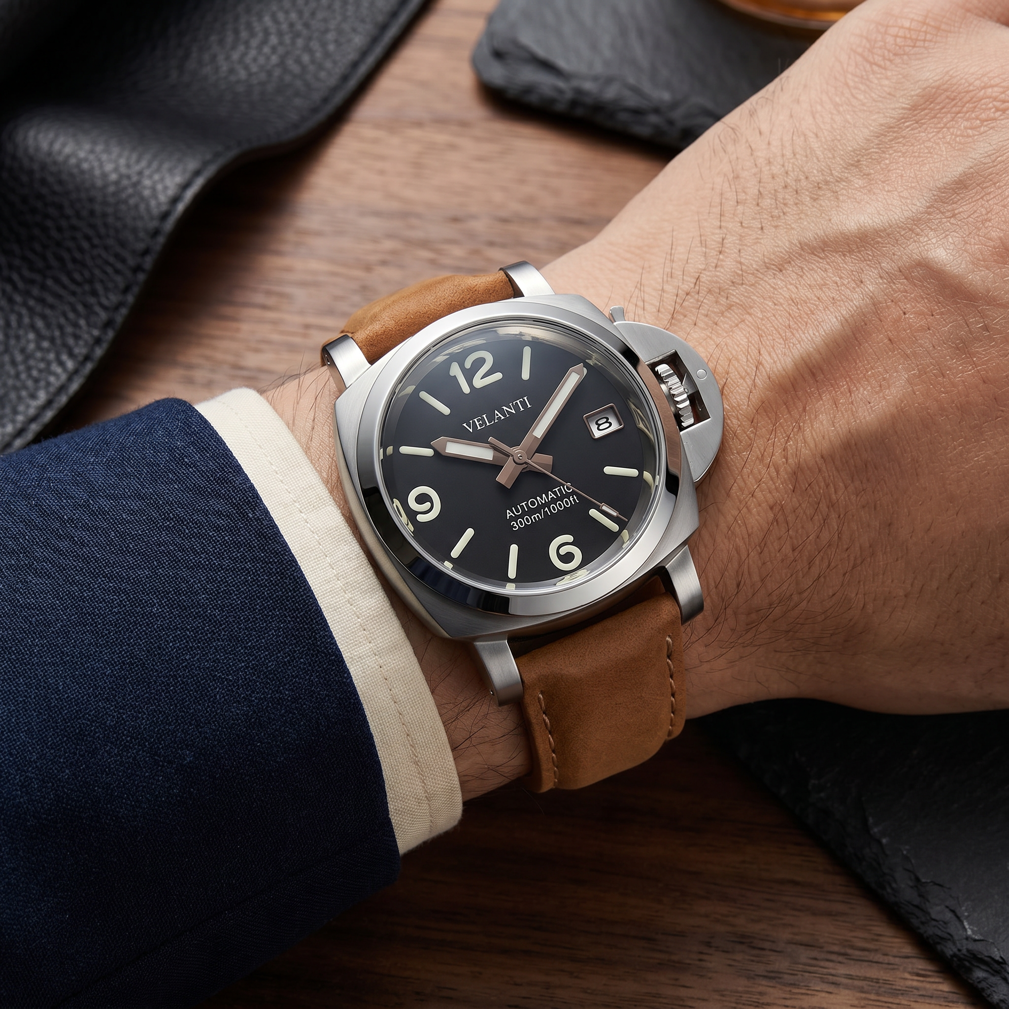 Panerai-style automatic watch, Velanti Milano Panvel Sand Leather worn on wrist photo 9