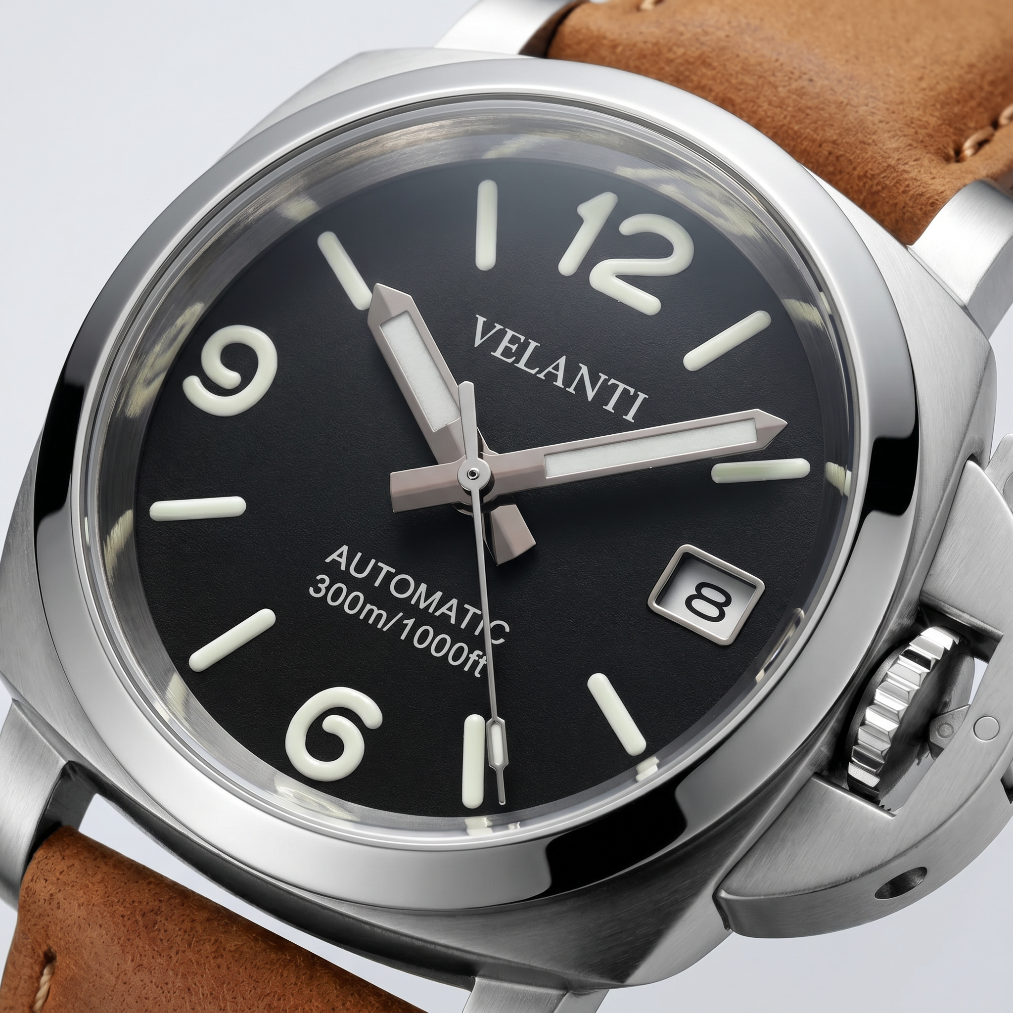 Panerai-style automatic watch, Velanti Milano Panvel Sand Leather, product photo 3