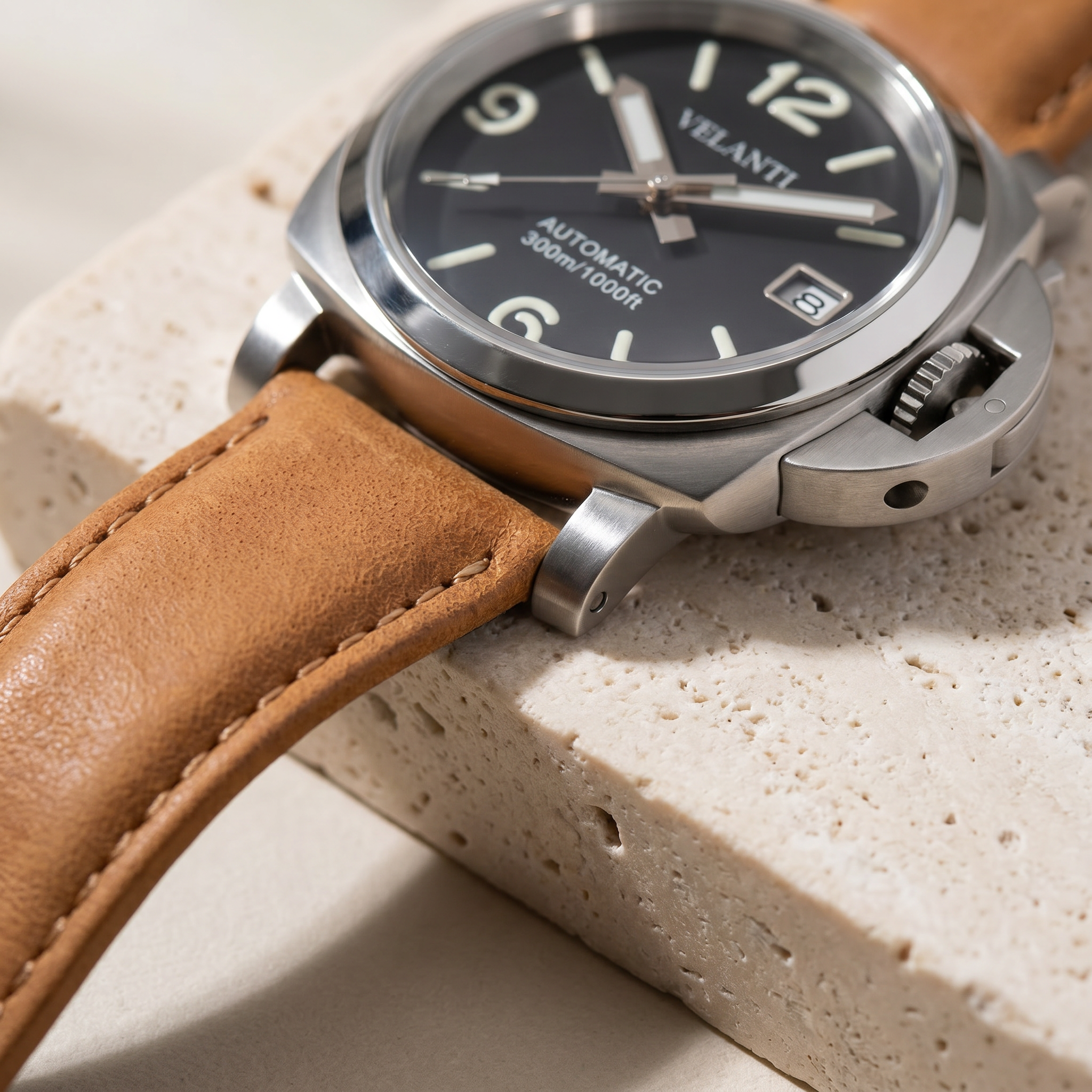 Panerai-style automatic watch, Velanti Milano Panvel Sand Leather, product photo 4