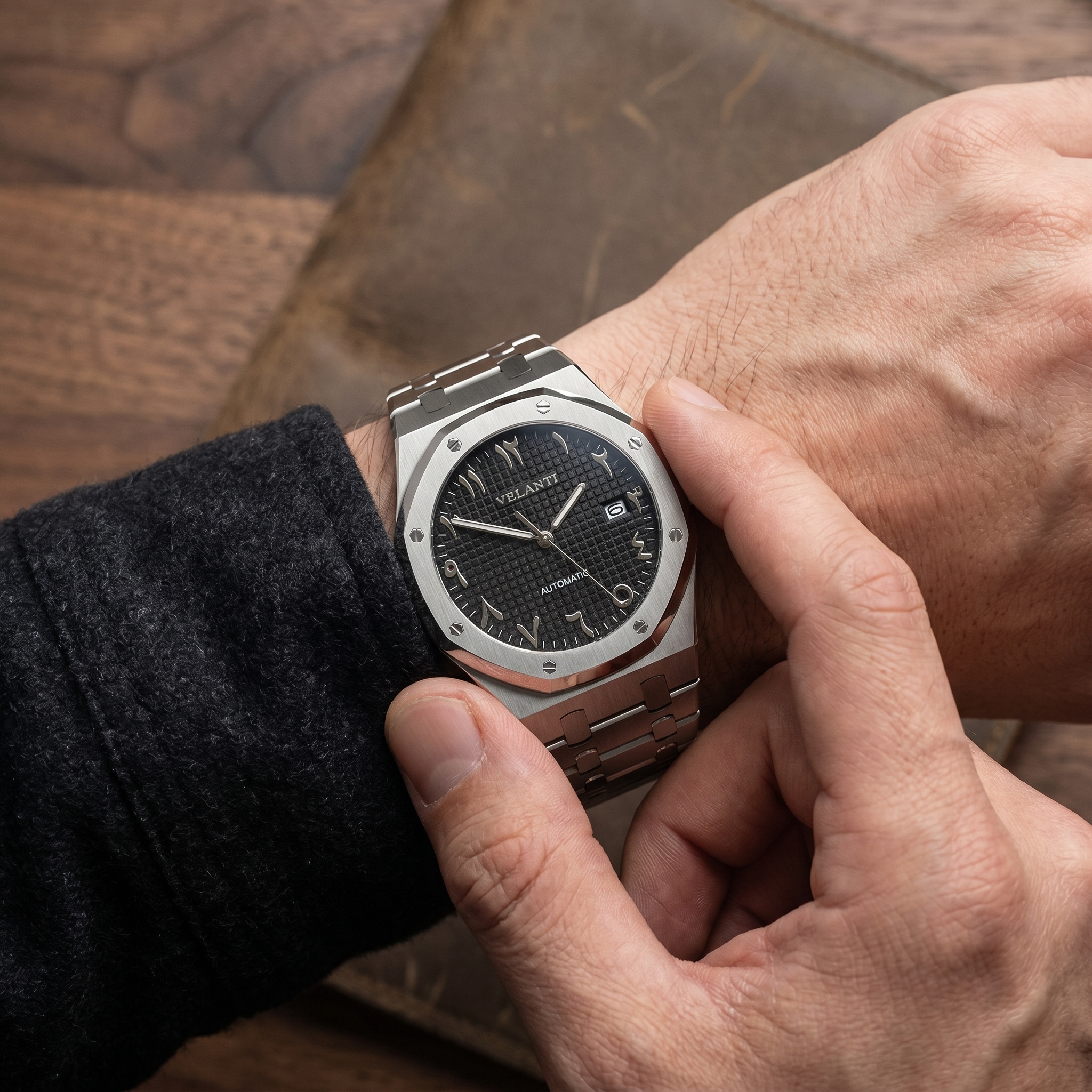 Royal Oak-style automatic watch, Velanti Milano Royal Veloak Arabic Black worn on wrist