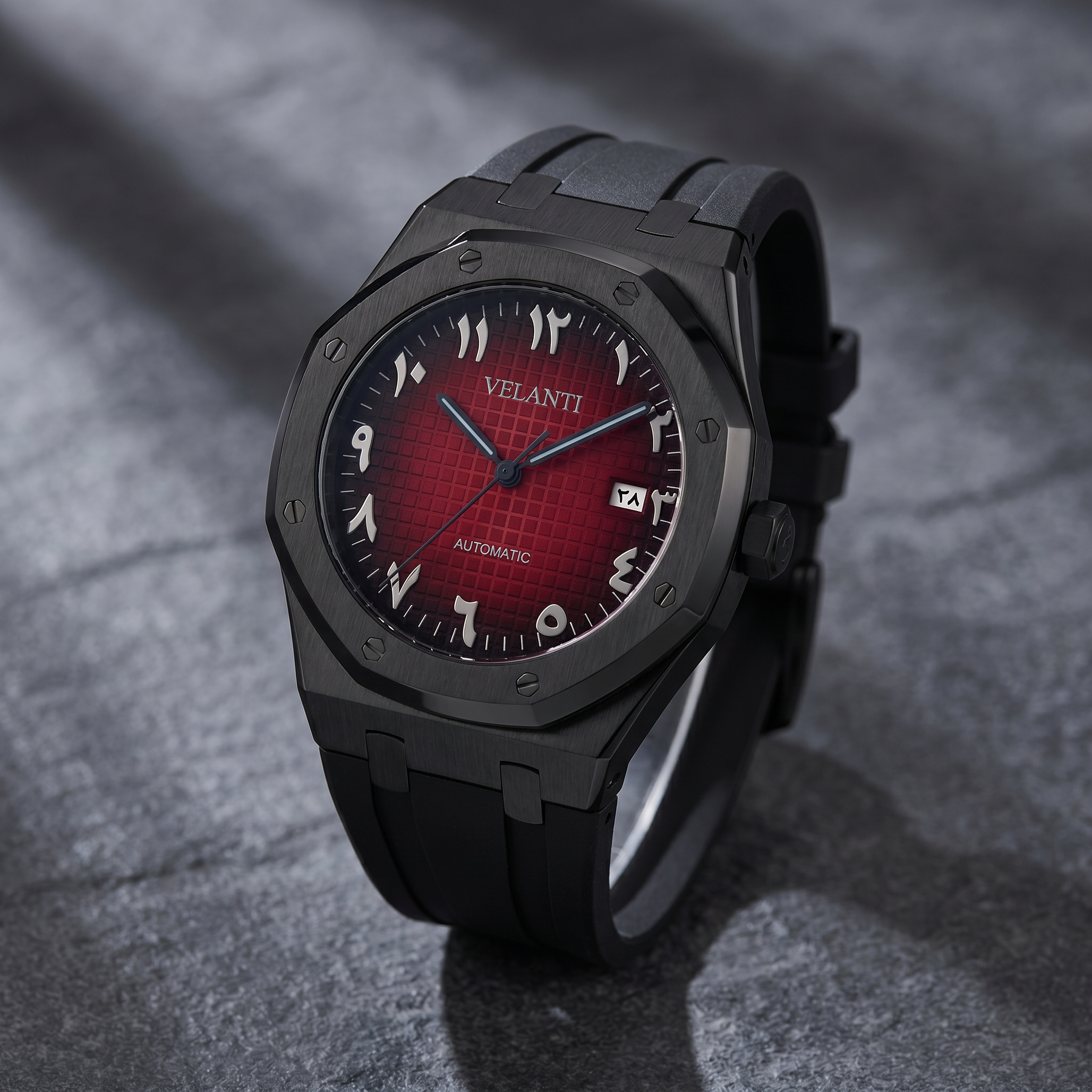 Royal Oak-style automatic watch, Velanti Milano Royal Veloak Arabic Black Red, watch detail photo