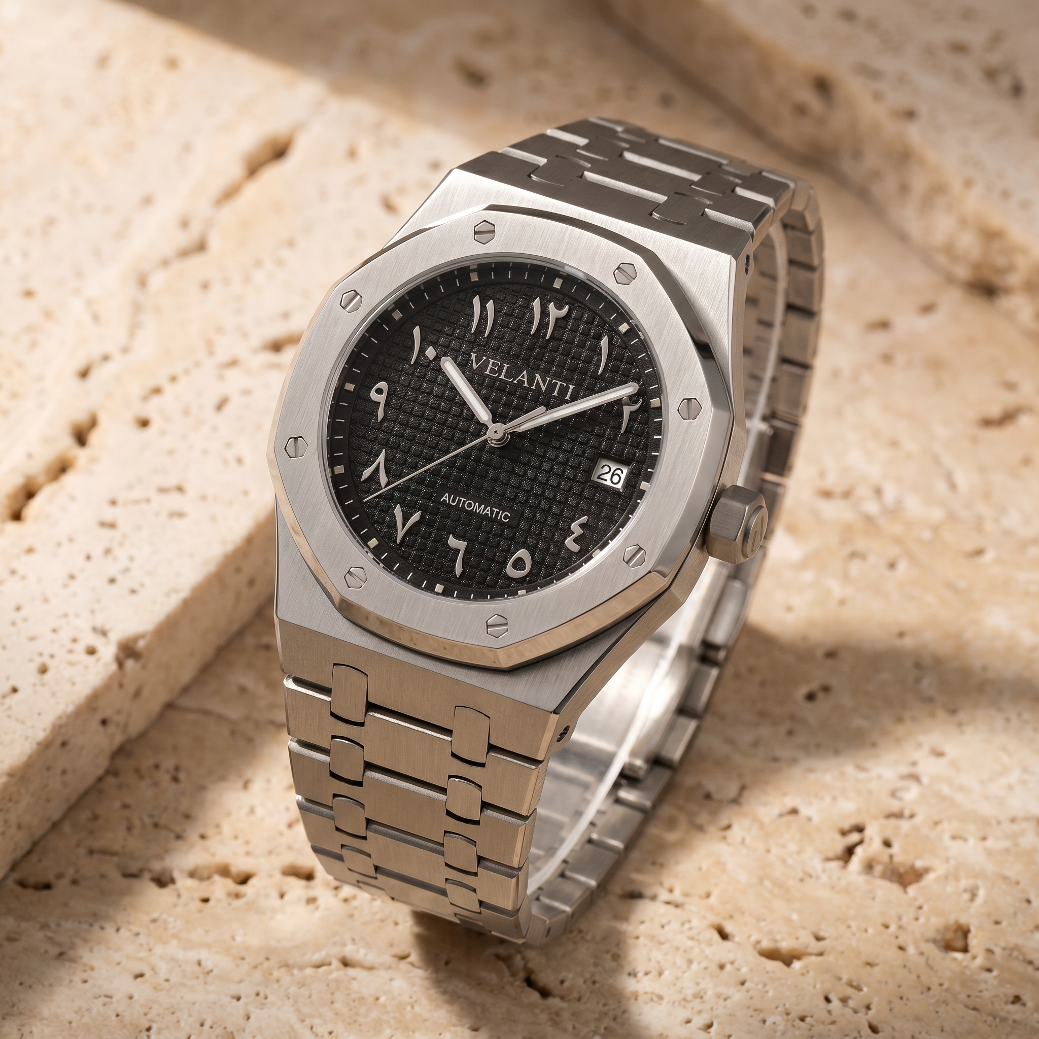 Royal Oak-style automatic watch, Velanti Milano Royal Veloak Arabic Black, product photo 2