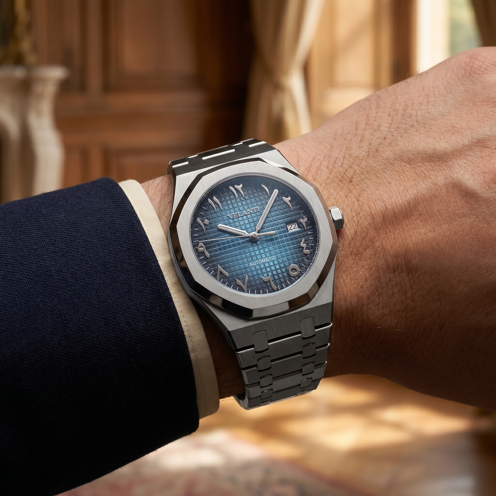 Royal Oak-style automatic watch, Velanti Milano Royal Veloak Arabic Blue, product photo 2