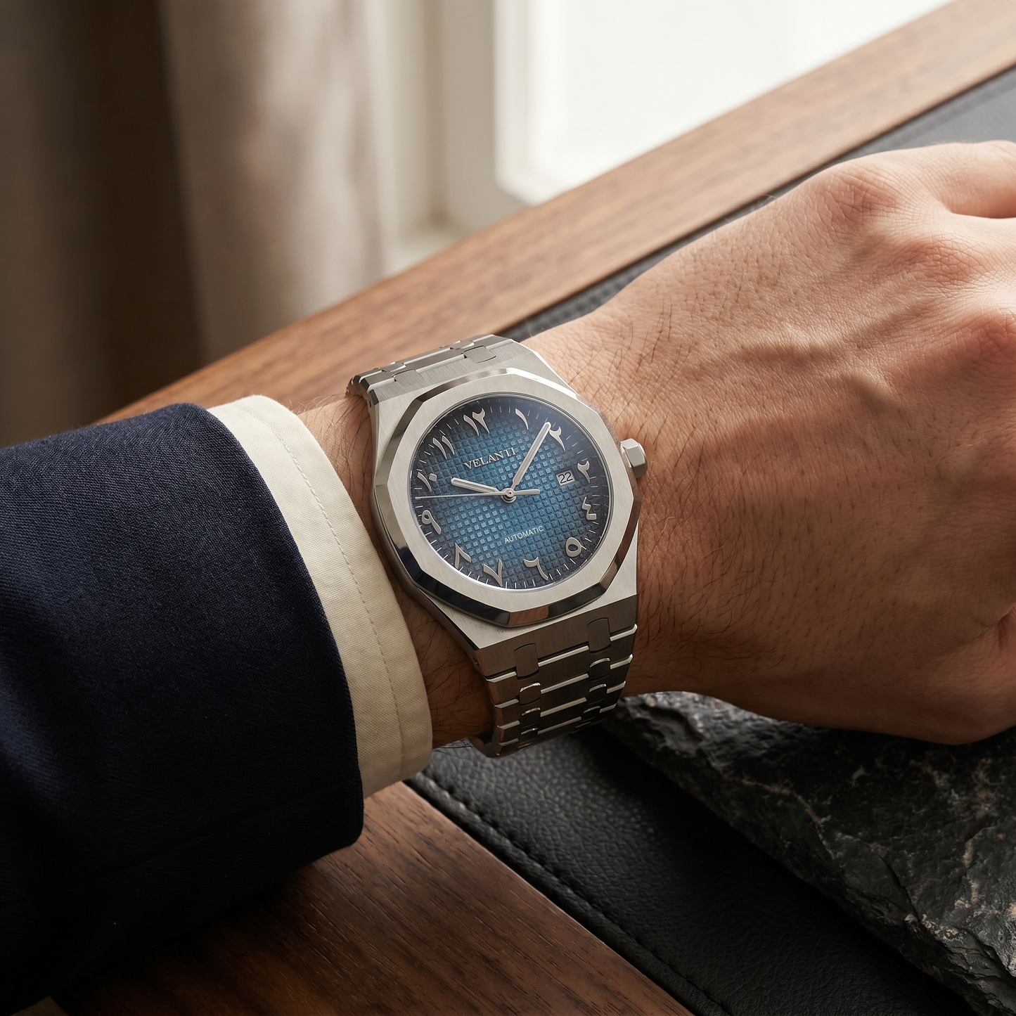 Royal Oak-style custom mod watch, Velanti Milano Royal Veloak Arabic Blue worn on wrist
