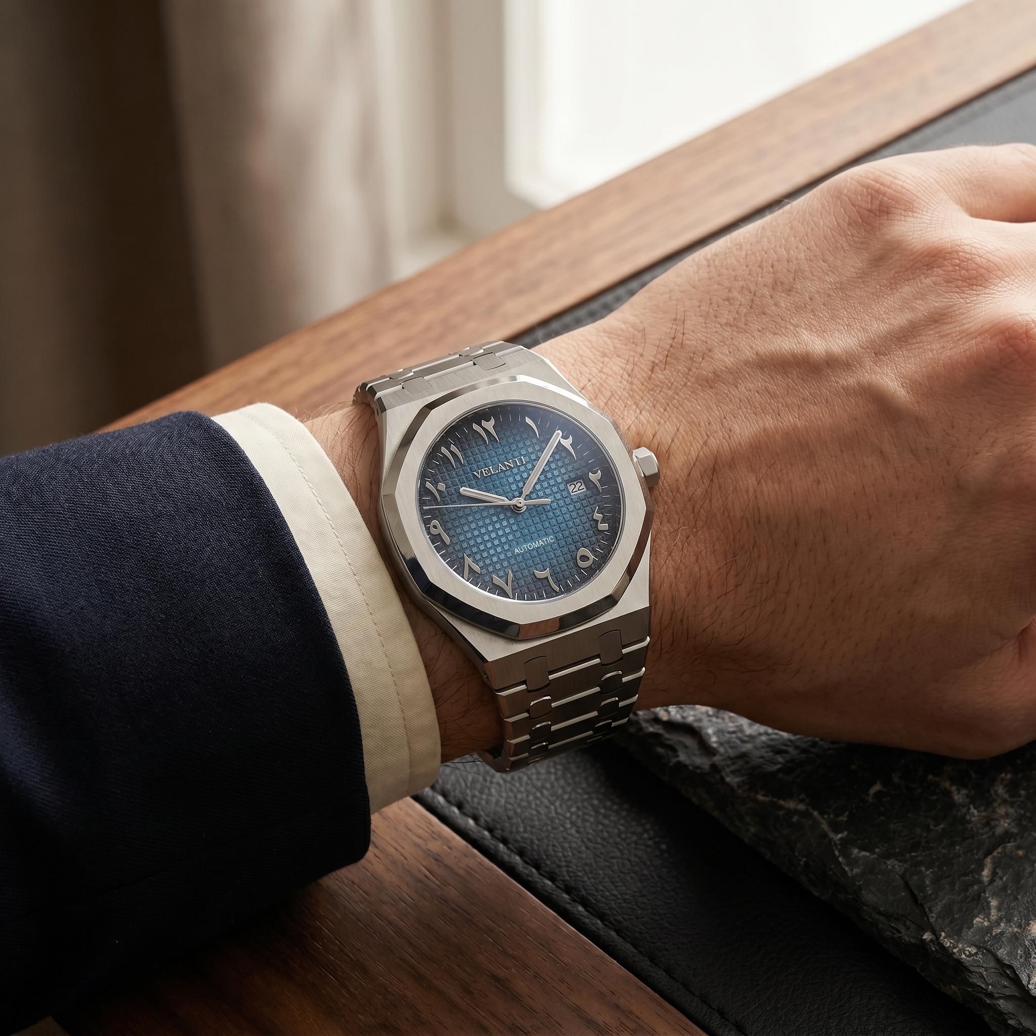 Royal Oak-style automatic watch, Velanti Milano Royal Veloak Arabic Blue worn on wrist
