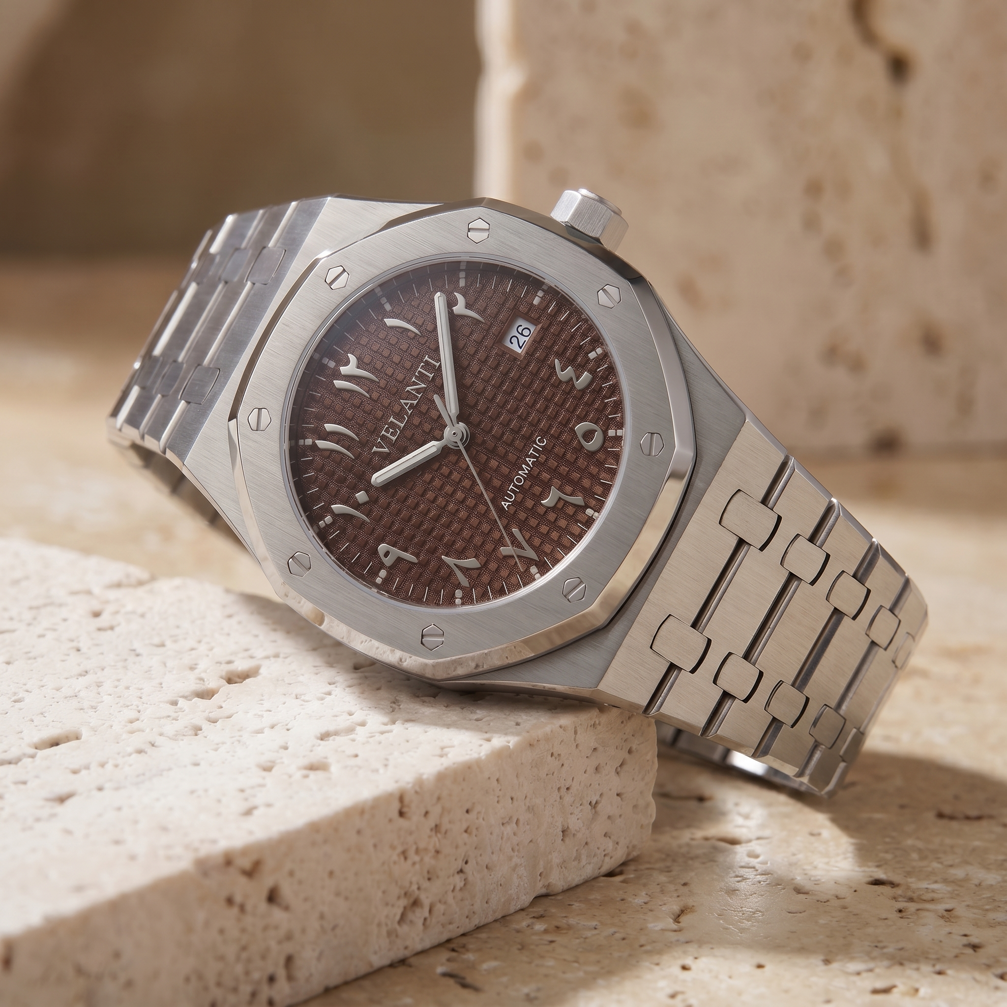 Royal Oak-style automatic watch, Velanti Milano Royal Veloak Arabic Brown, product photo 5