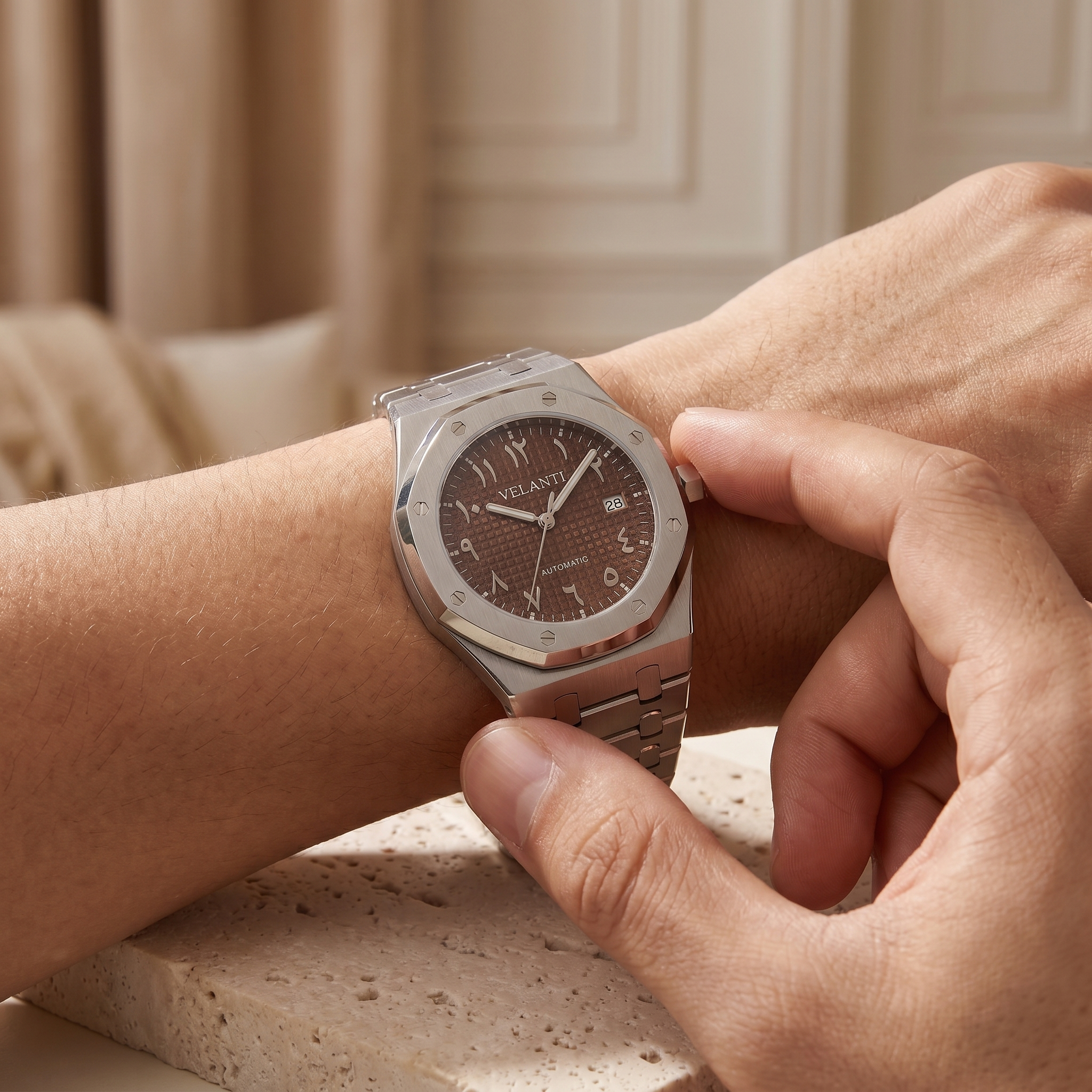 Royal Oak-style automatic watch, Velanti Milano Royal Veloak Arabic Brown, product photo 6