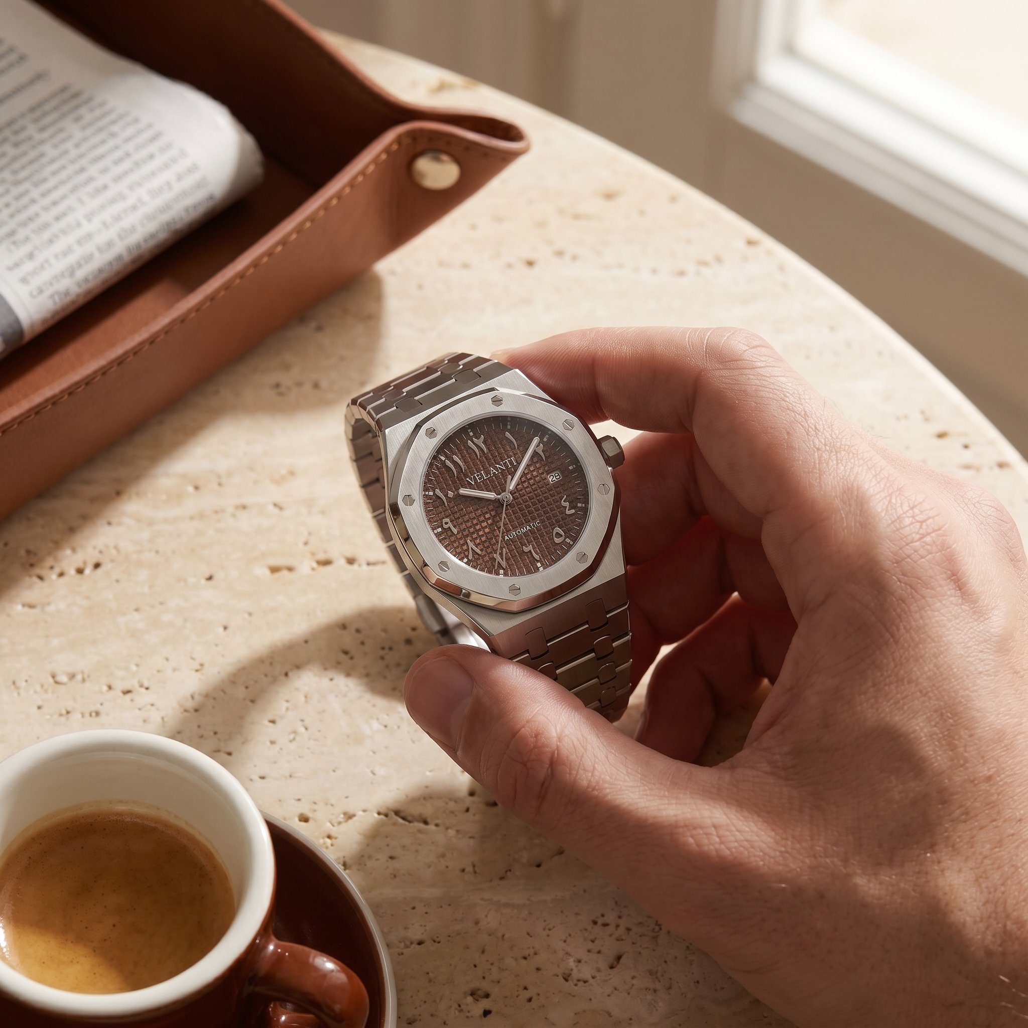 Royal Oak-style automatic watch, Velanti Milano Royal Veloak Arabic Brown worn on wrist