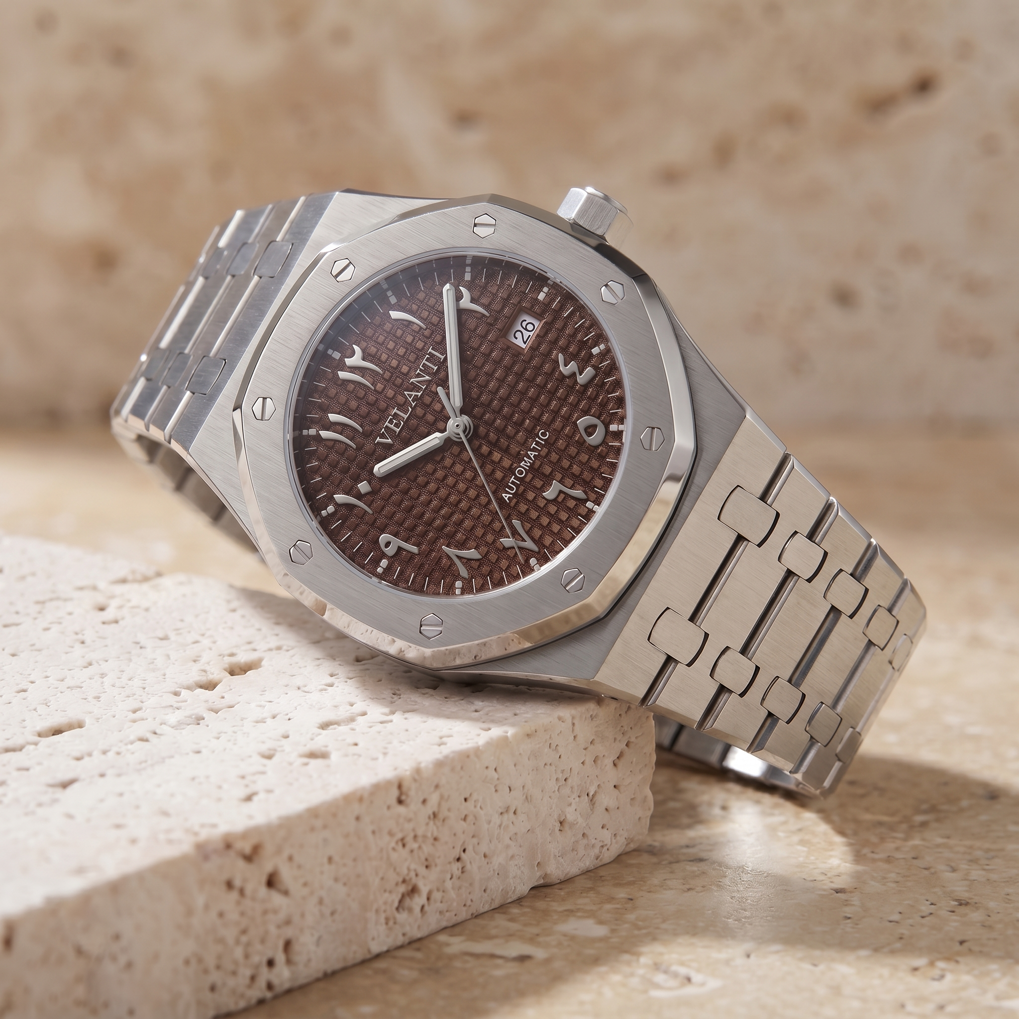 Royal Oak-style automatic watch, Velanti Milano Royal Veloak Arabic Brown, watch detail photo