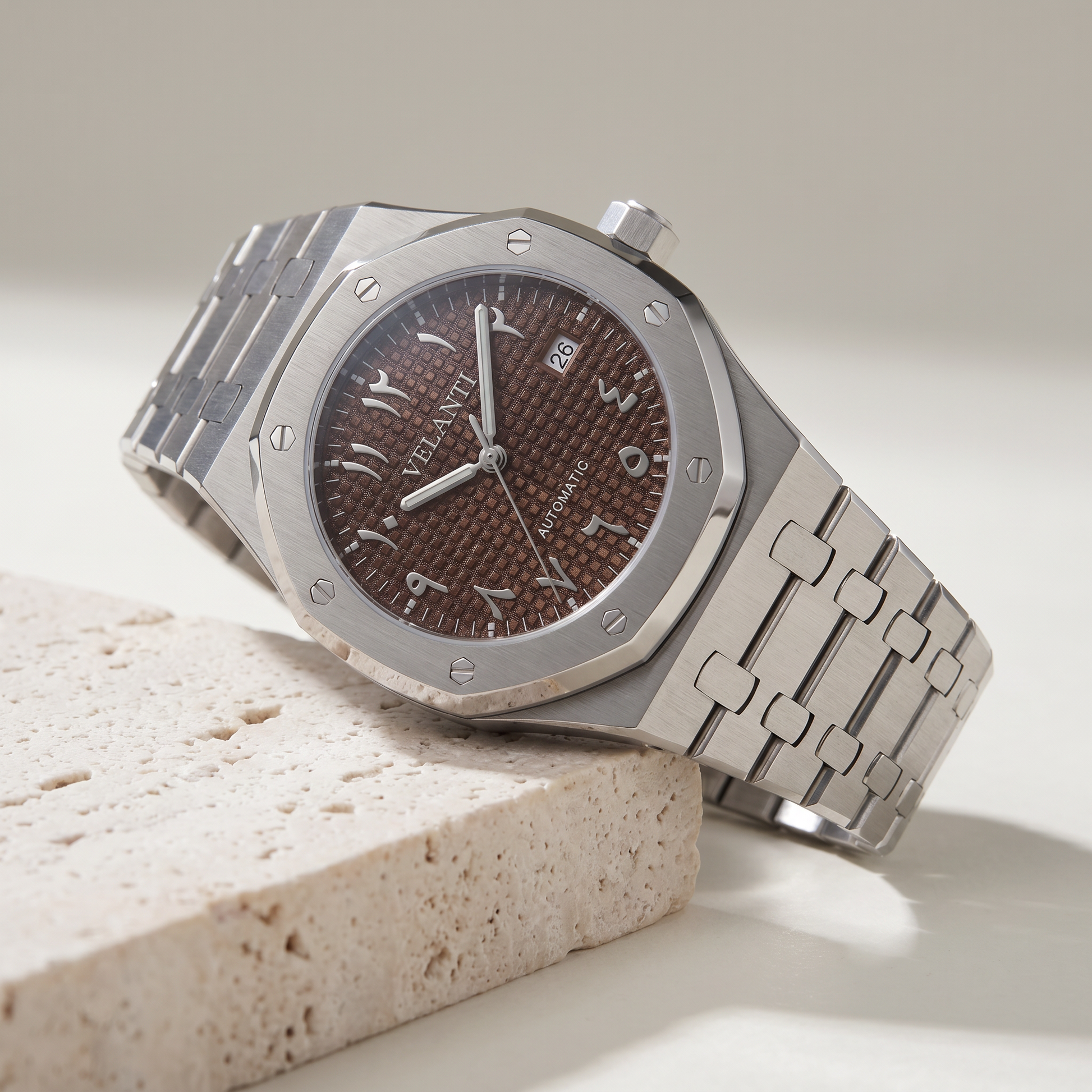 Royal Oak-style automatic watch, Velanti Milano Royal Veloak Arabic Brown, product photo 2