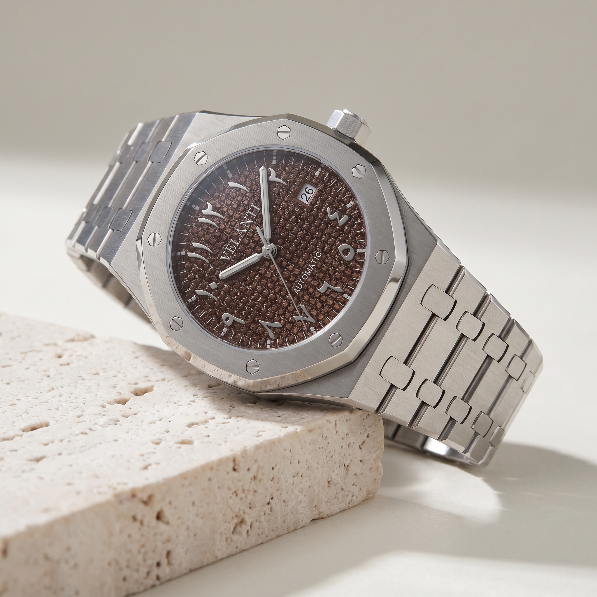 Royal Oak-style automatic watch, Velanti Milano Royal Veloak Arabic Brown, product photo 2
