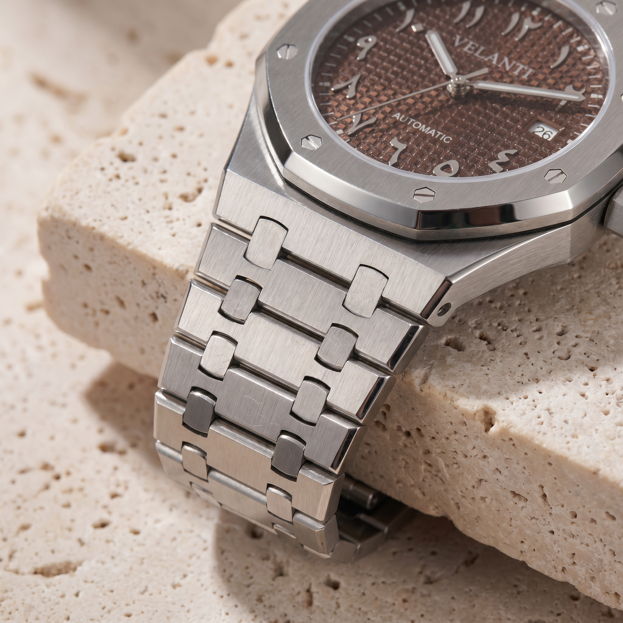 Royal Oak-style automatic watch, Velanti Milano Royal Veloak Arabic Brown, product photo 3