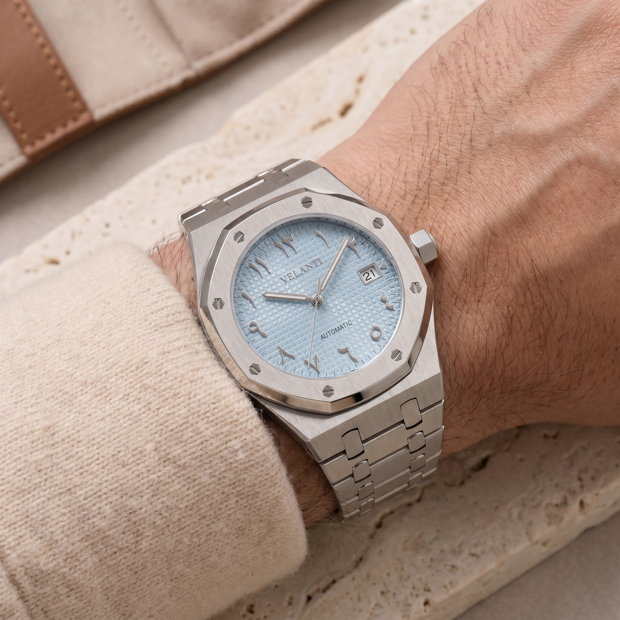 Royal Oak-style automatic watch, Velanti Milano Royal Veloak Arabic Ice Blue, product photo 5