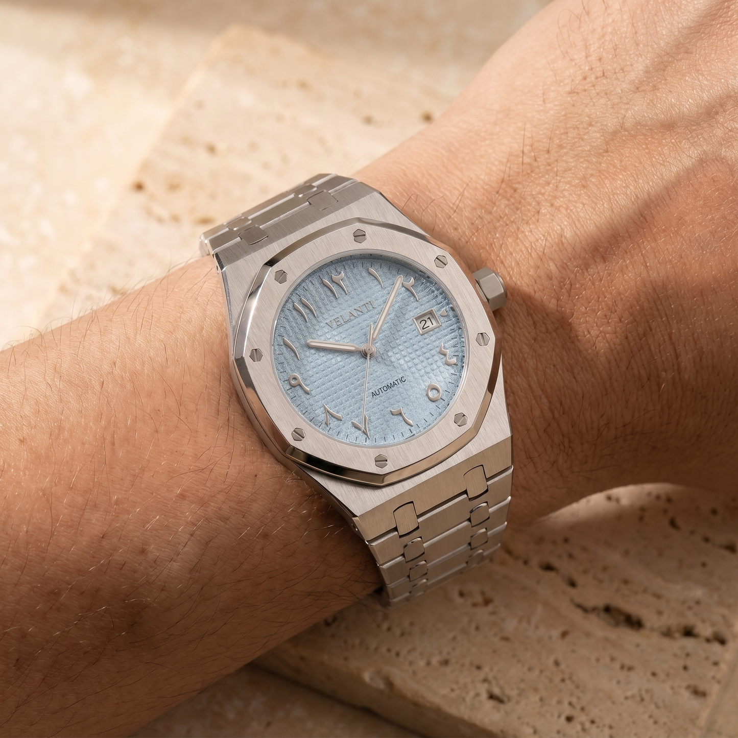 Royal Oak-style automatic watch, Velanti Milano Royal Veloak Arabic Ice Blue, on-wrist photo