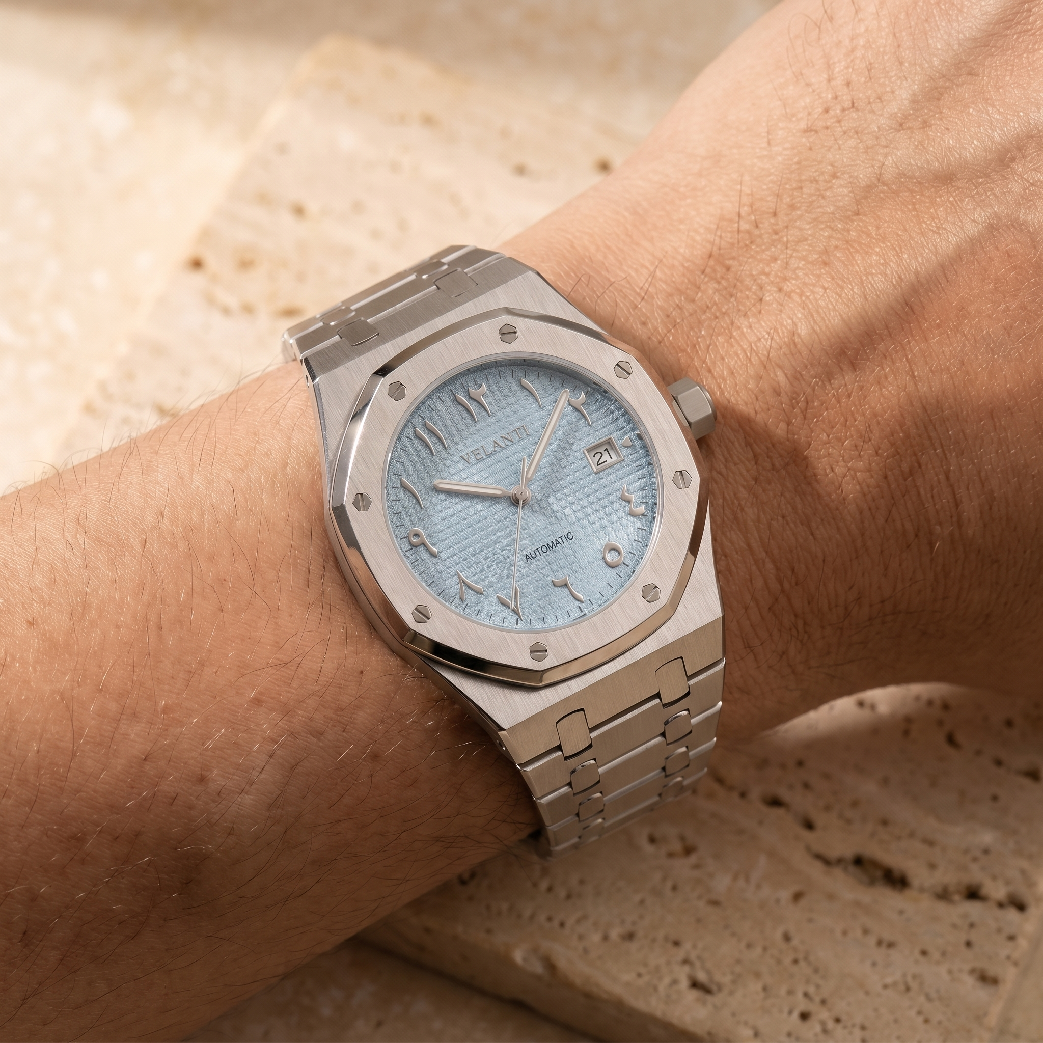 Royal Oak-style automatic watch, Velanti Milano Royal Veloak Arabic Ice Blue worn on wrist