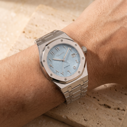 Royal Oak-style automatic watch, Velanti Milano Royal Veloak Arabic Ice Blue, on-wrist photo