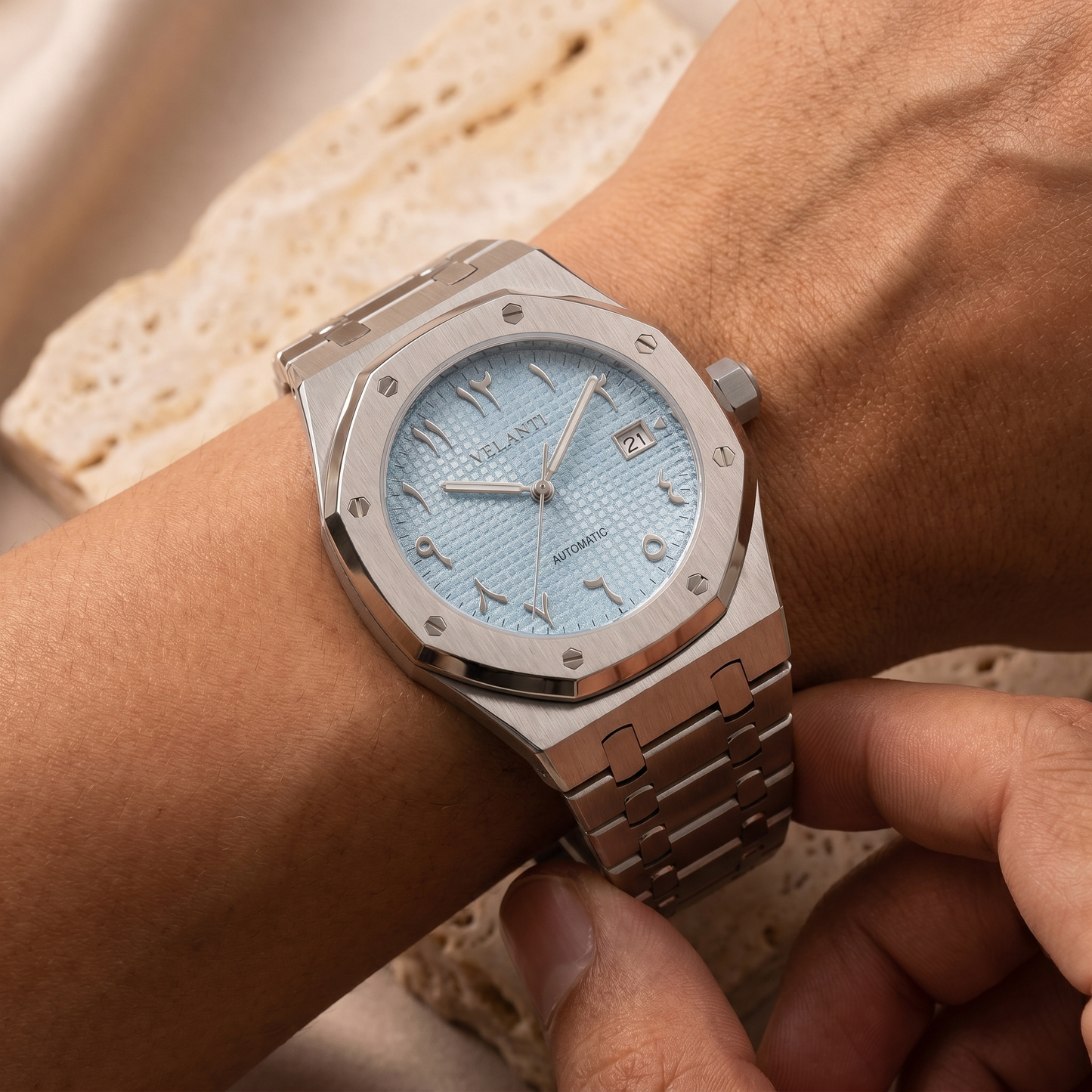 Royal Oak-style automatic watch, Velanti Milano Royal Veloak Arabic Ice Blue, product photo 6