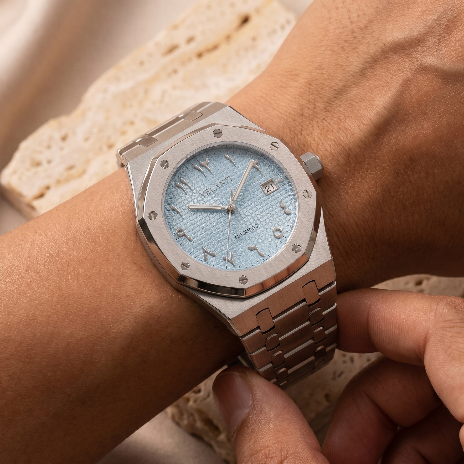 Royal Oak-style automatic watch, Velanti Milano Royal Veloak Arabic Ice Blue, product photo 6