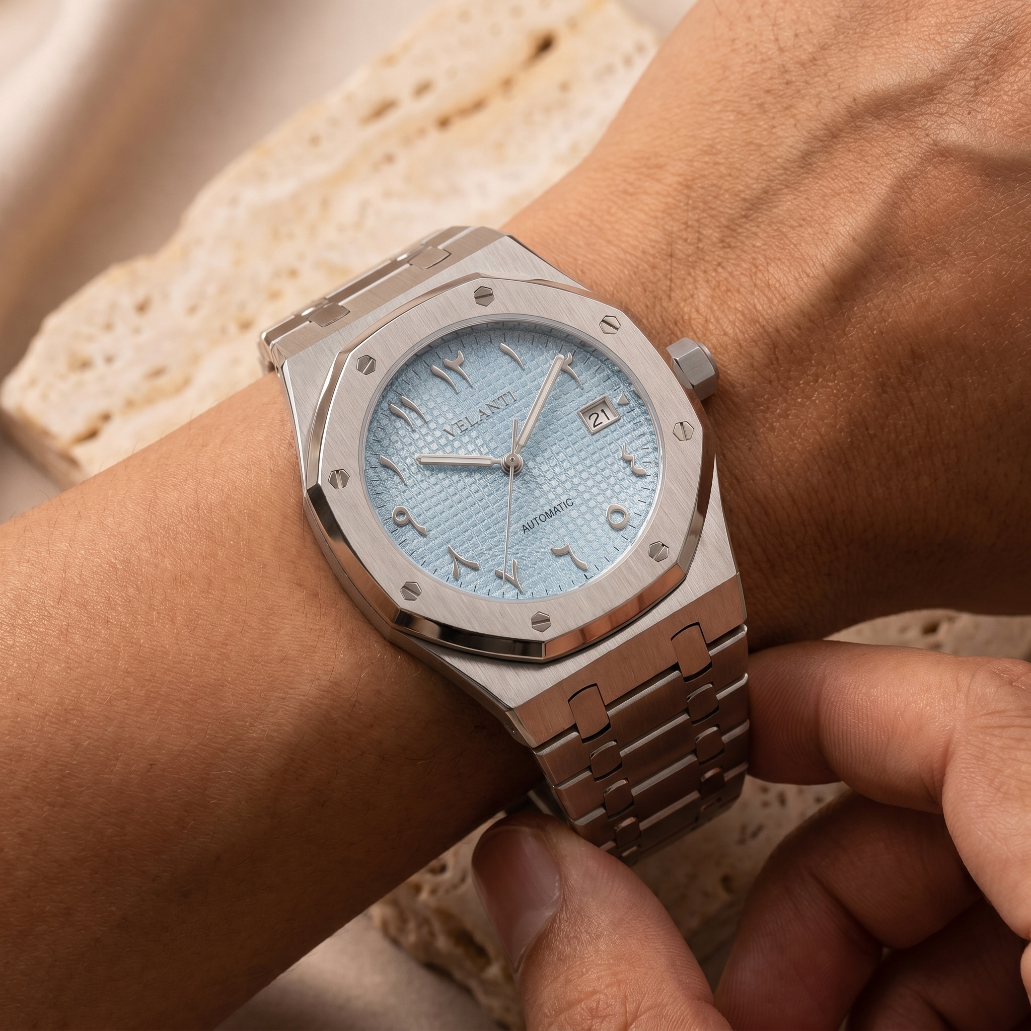 Royal Oak-style automatic watch, Velanti Milano Royal Veloak Arabic Ice Blue, product photo 6