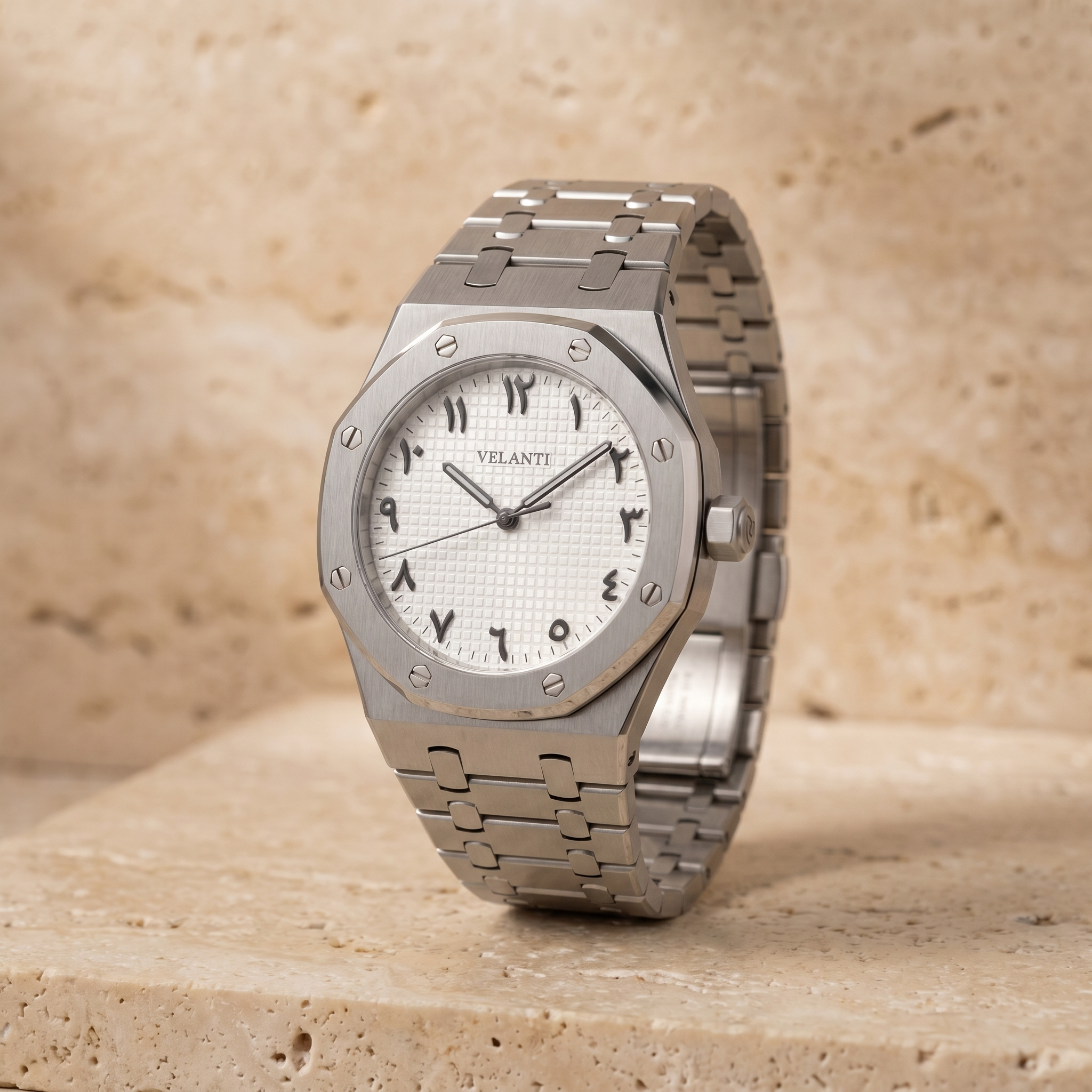 Royal Oak-style automatic watch, Velanti Milano Royal Veloak Arabic White, watch detail photo 3