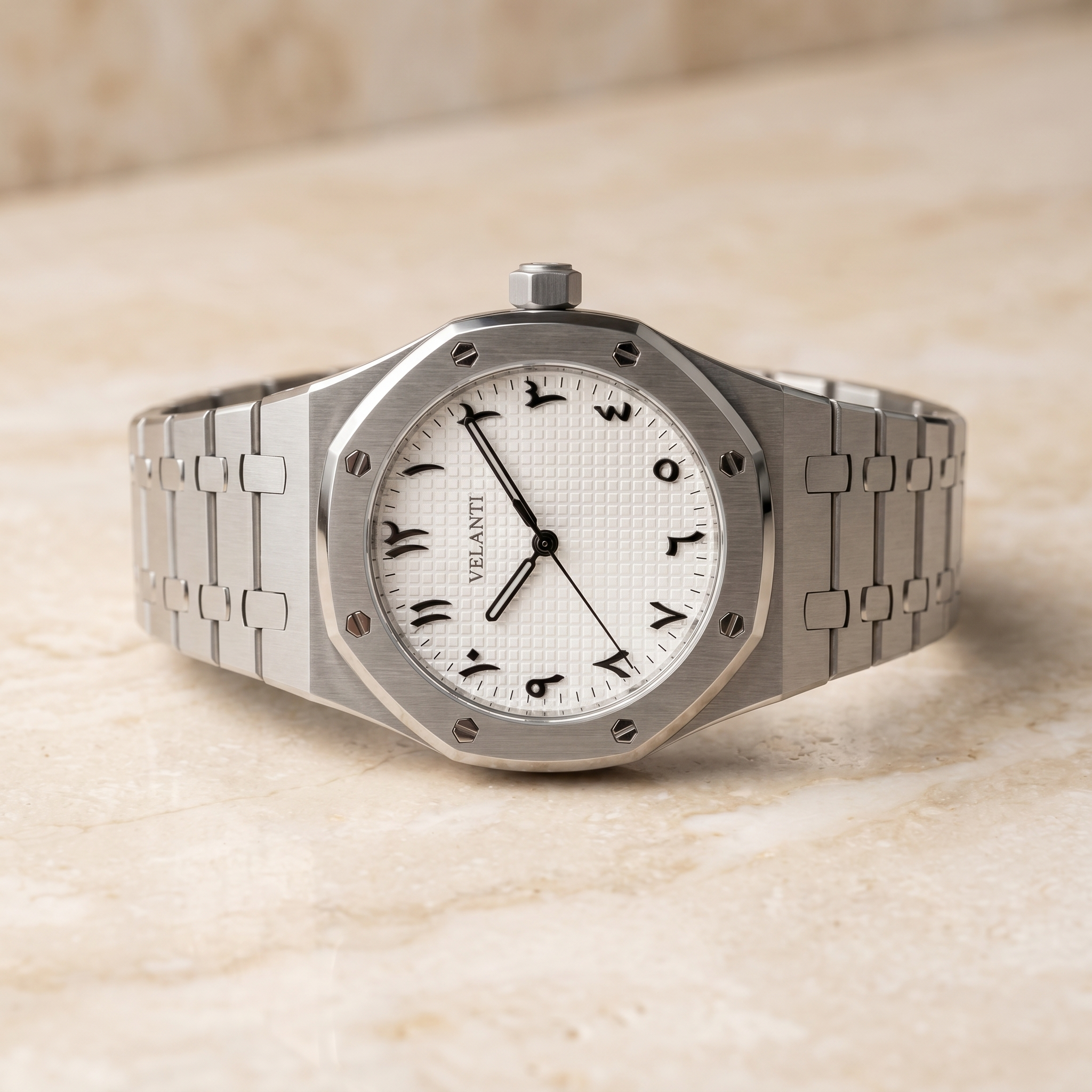Royal Oak-style automatic watch, Velanti Milano Royal Veloak Arabic White, watch detail photo 5