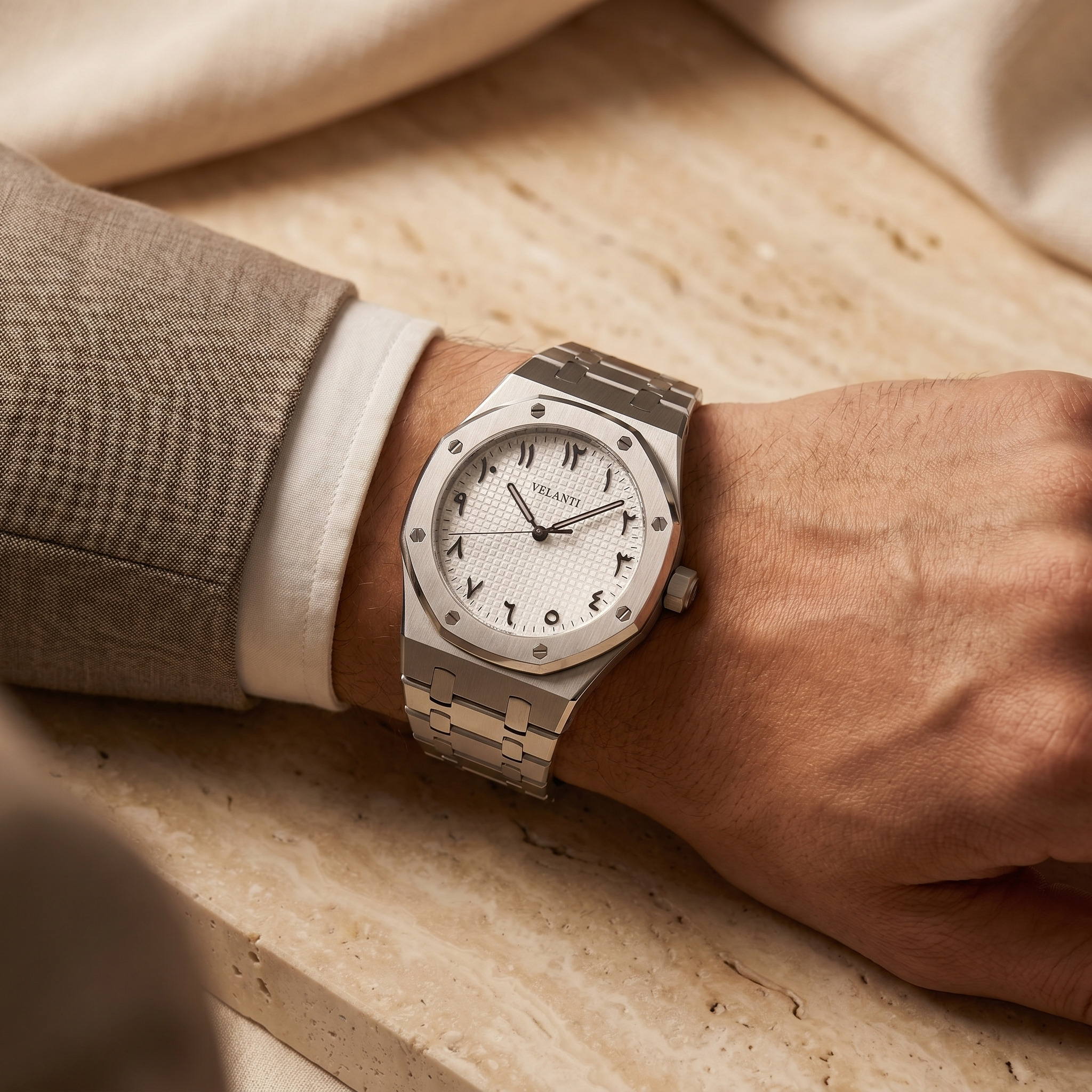 Royal Oak-style automatic watch, Velanti Milano Royal Veloak Arabic White worn on wrist photo 6