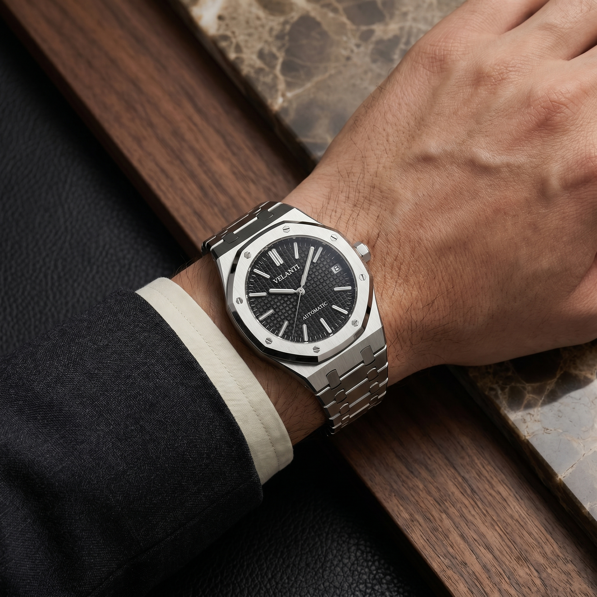 Royal Oak-style automatic watch, Velanti Milano Royal Veloak Black worn on wrist