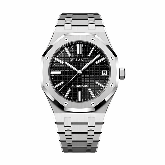 Royal Oak-style custom mod watch, Velanti Milano Royal Veloak Black, main product photo