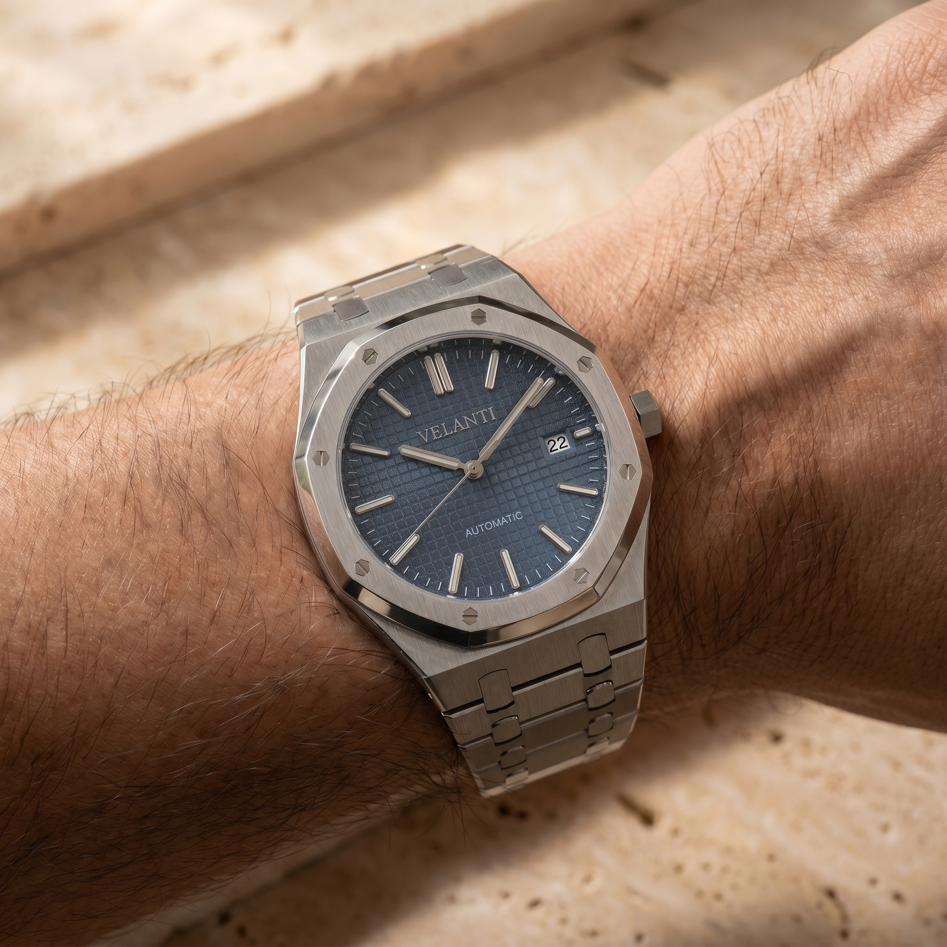 Royal Oak-style custom automatic watch, Velanti Milano Royal Veloak Blue, watch detail photo